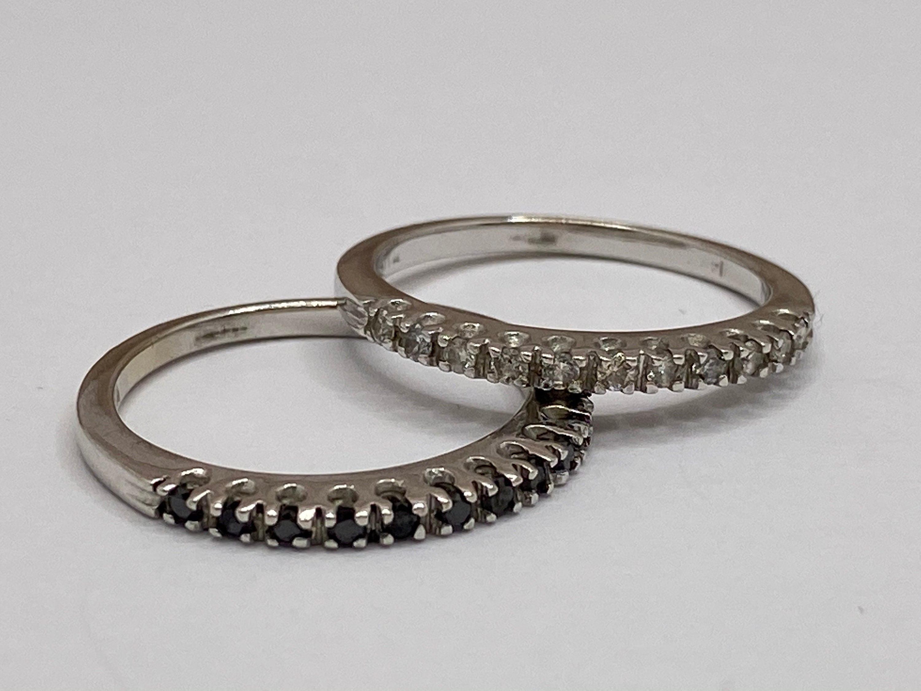 14K Solid White Gold Stackable  Band/Ring With Black White Diamonds !!! Size 5 3/4