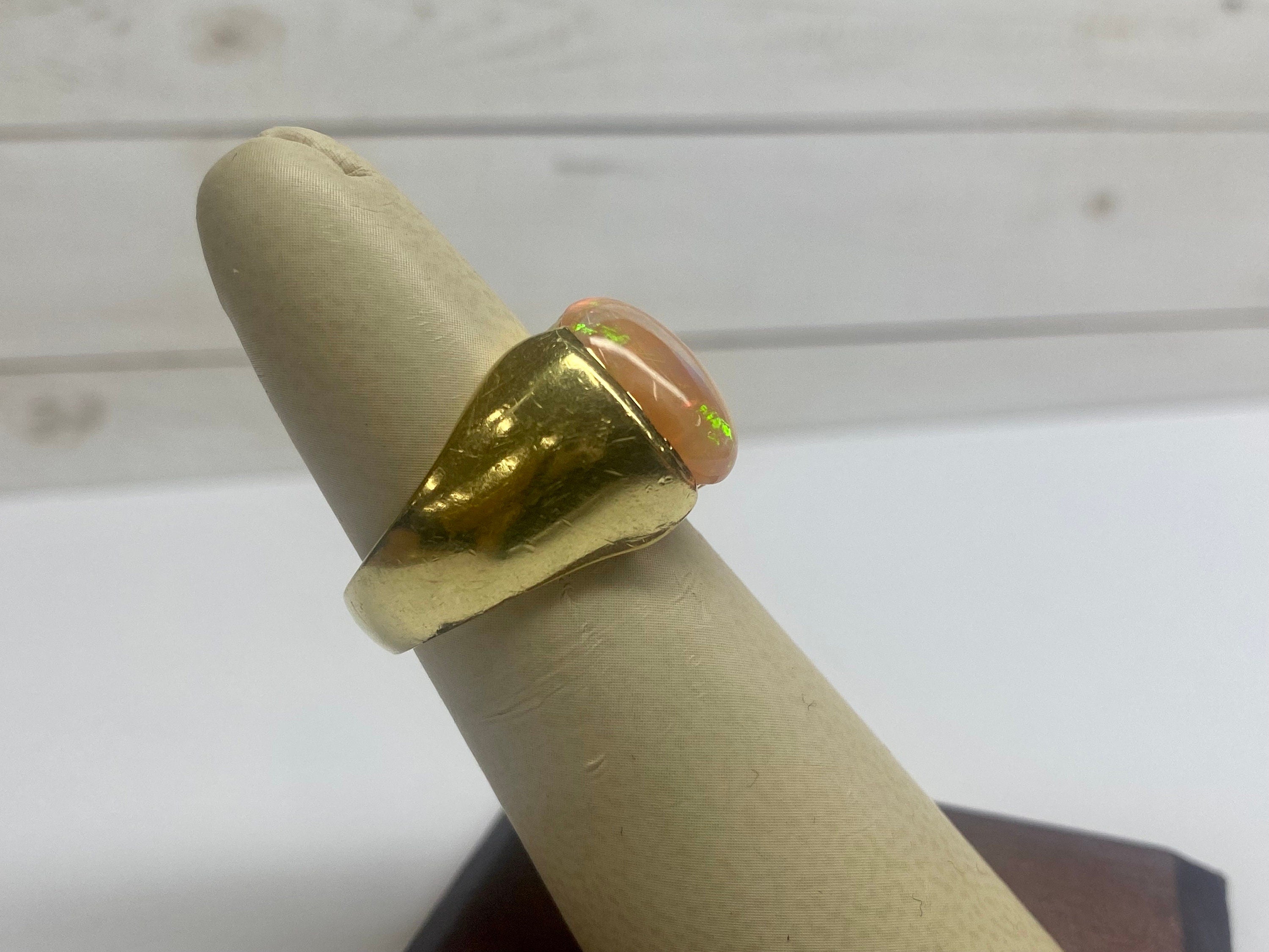 14K Yellow Gold Opal Ring - Oval Cabochon Mens Pinky Ring - Size 6