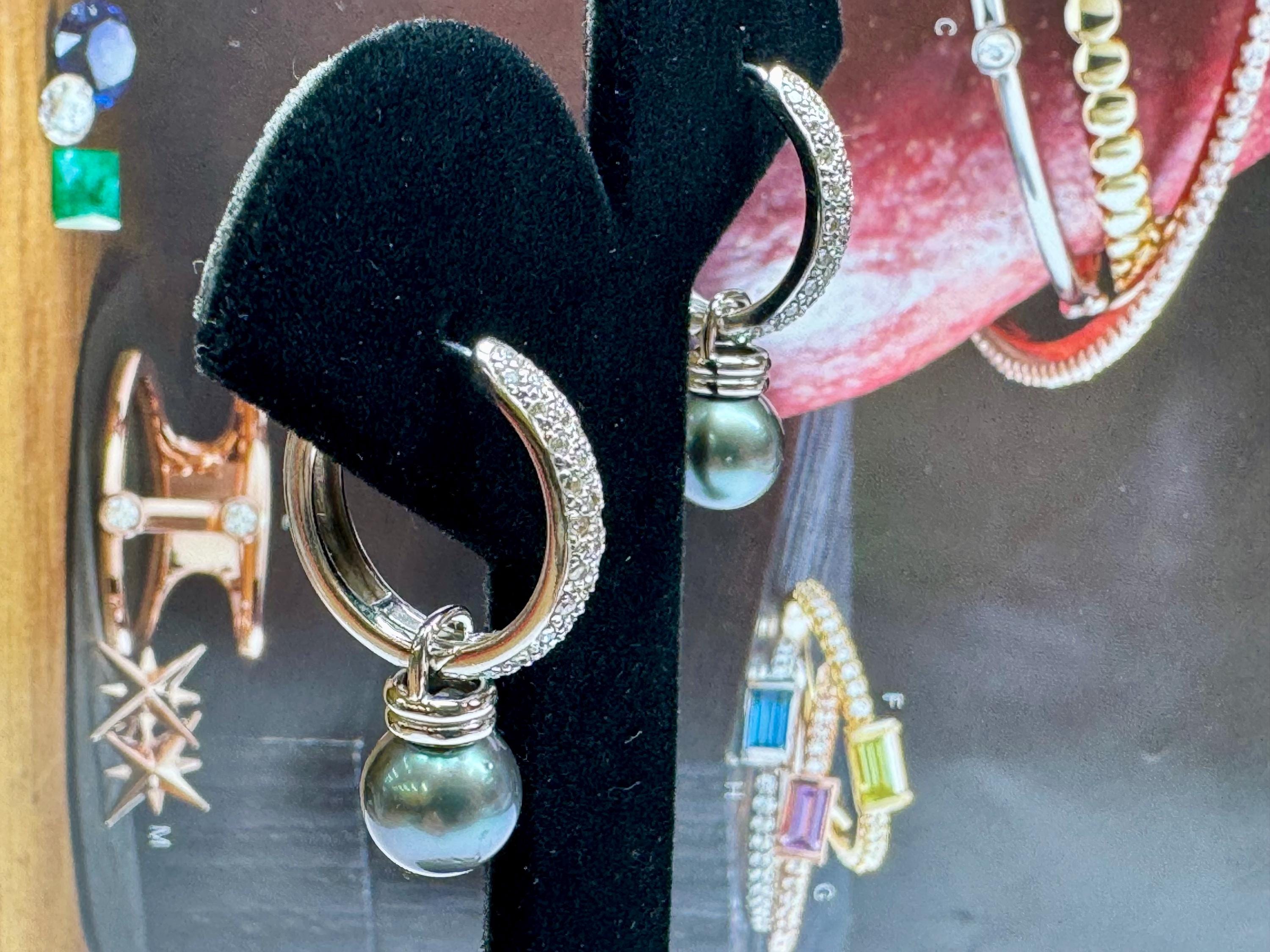 14K White Gold Diamond Hoop Earrings with Black Pearl Dangles