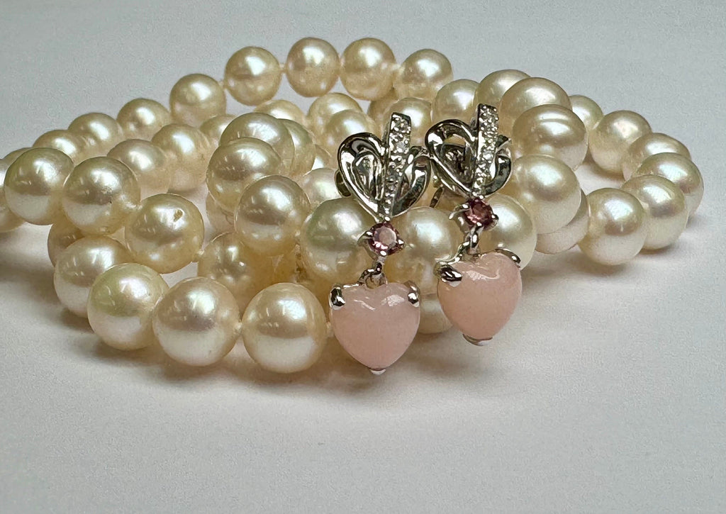 18K White Gold Heart Earrings: Pink Jadeite & Diamond Drops