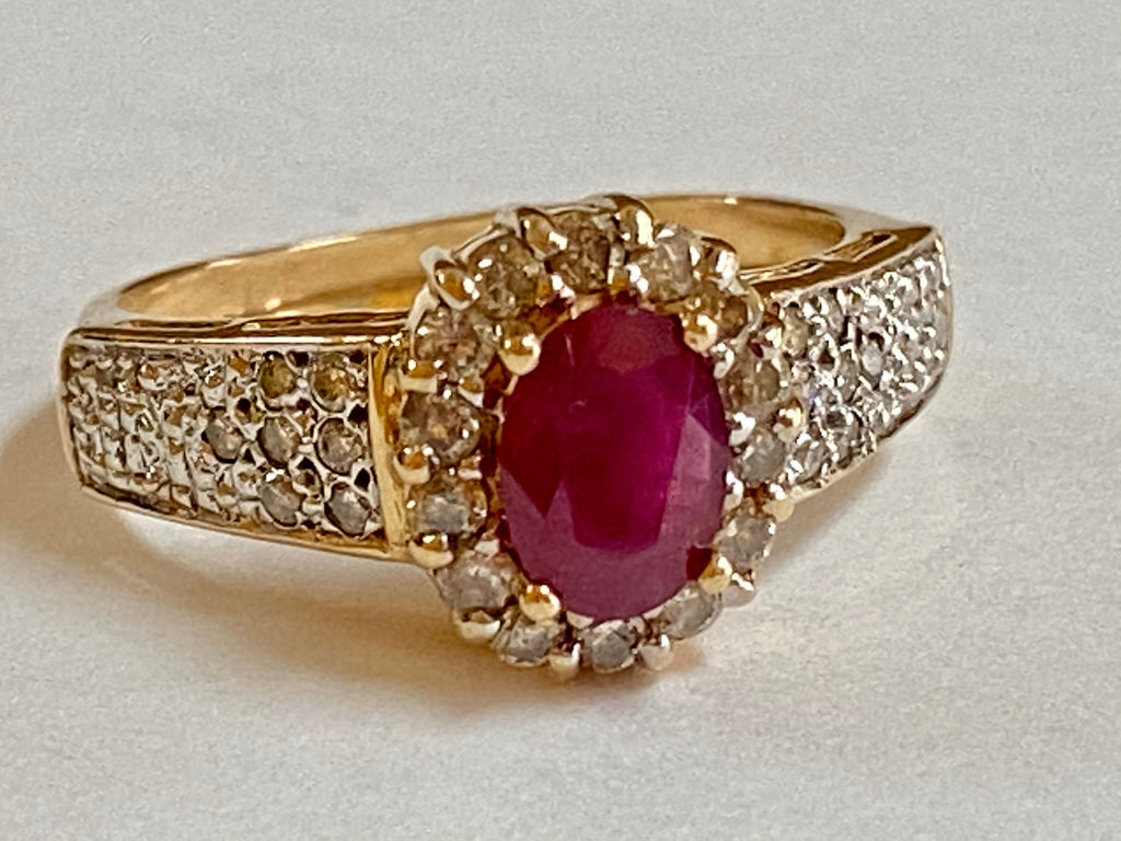 14K Yellow Gold Ruby and Diamond Ring, Size 7