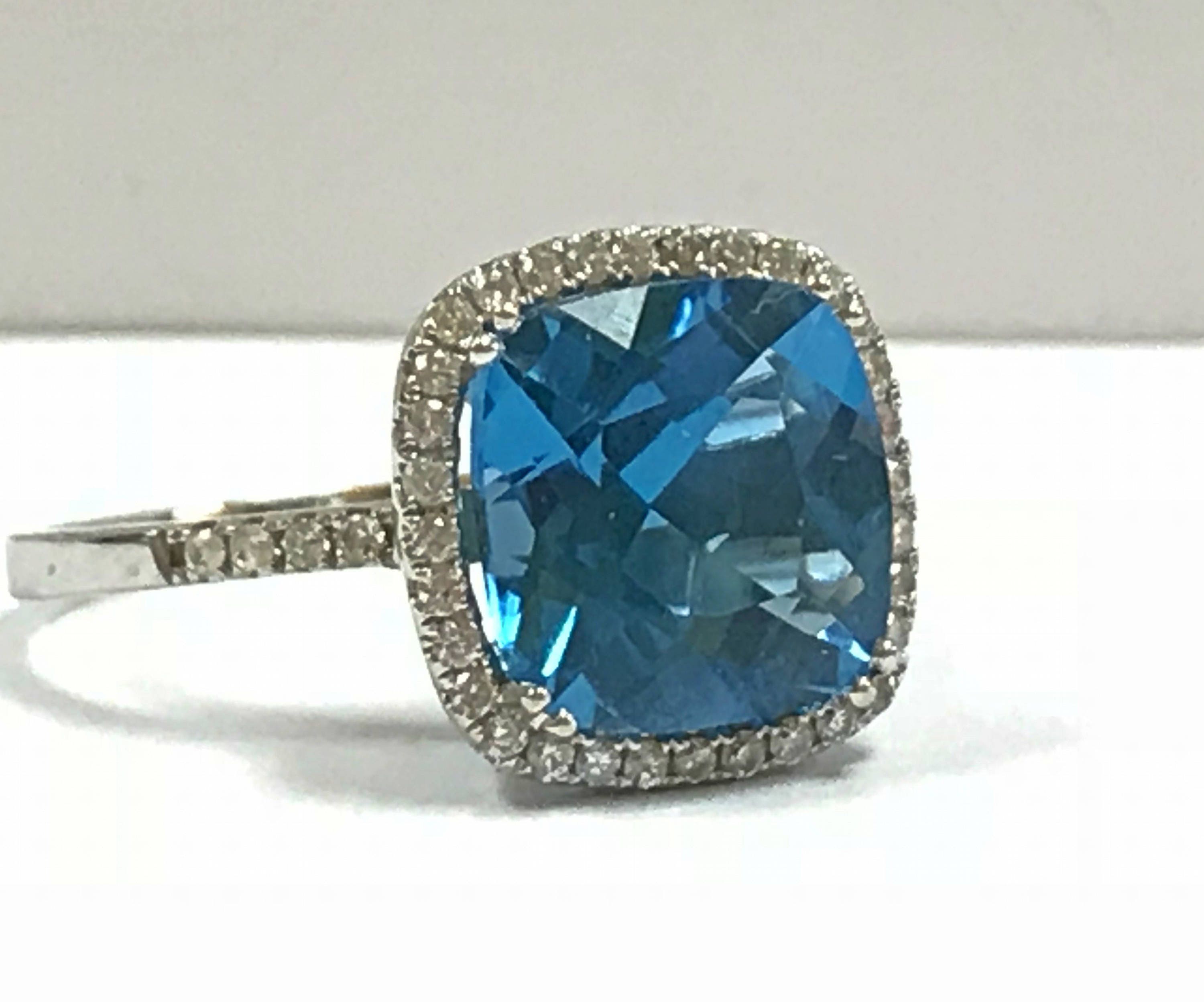 14K White Gold Blue Topaz Diamond Ring - Size 9 3/4
