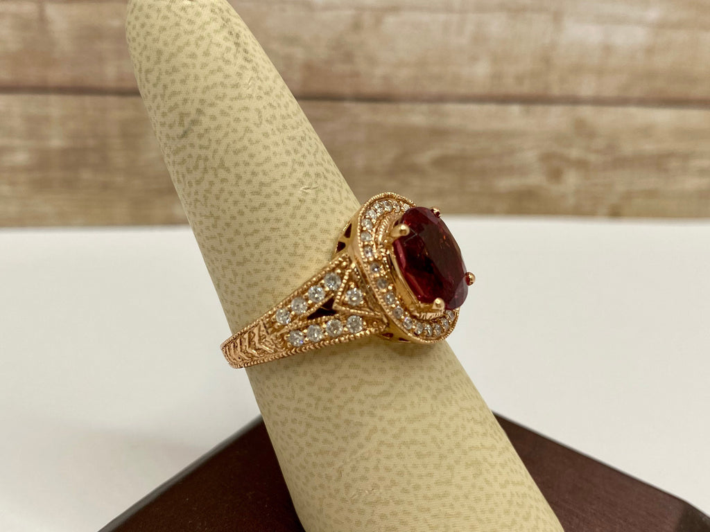 14K Rose Gold Ruby Diamond Halo Ring, Size 8.25