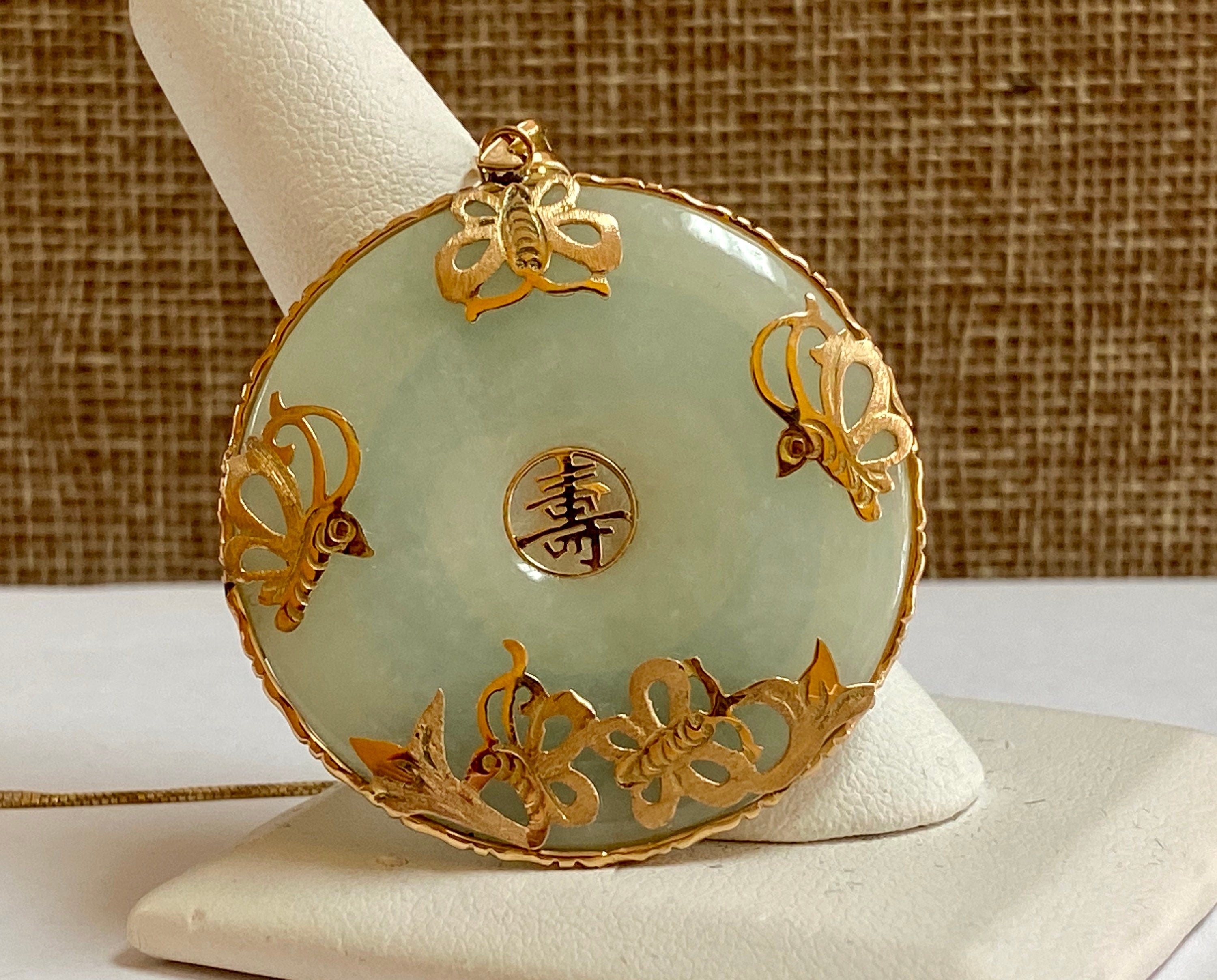 14K Yellow Solid Gold Butterfly Good Luck Green Jadeite Pendant!!!
