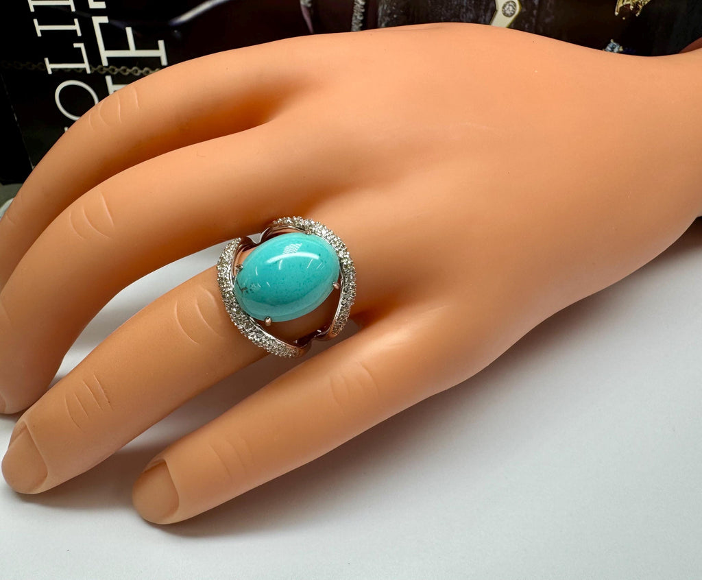 18K White Gold Diamond Ring: Oval Blue Turquoise Cabochon, Size 8 3/4