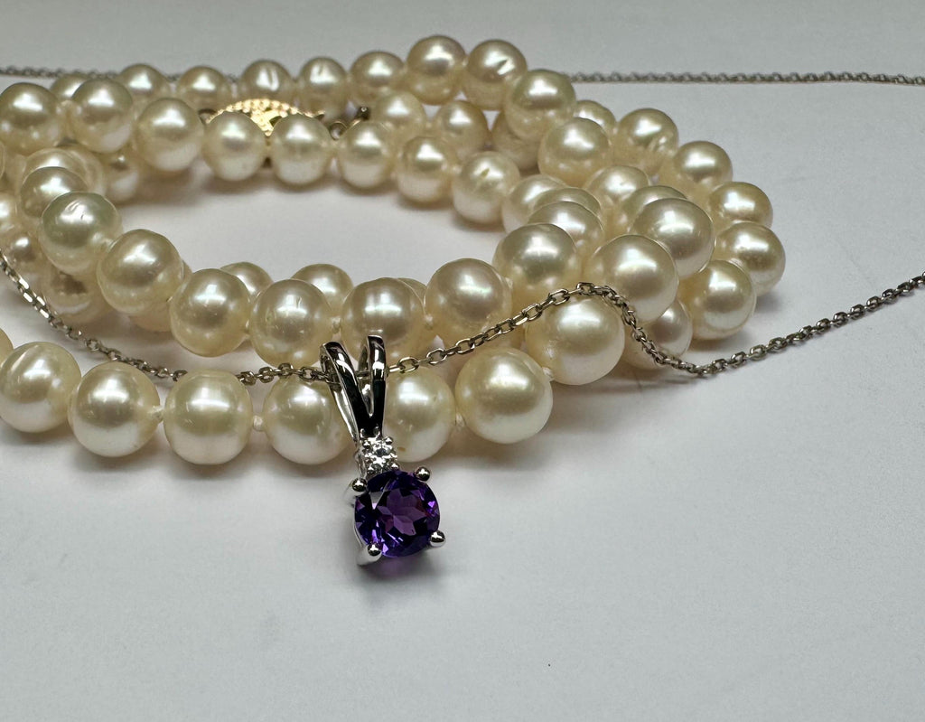 14K White Gold Amethyst Diamond Pendant Necklace