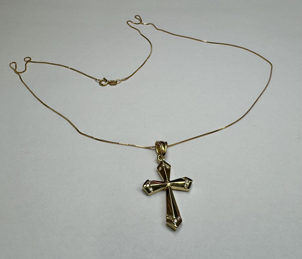 14K Yellow Gold Diamond Cross Pendant Necklace - 18" Chain