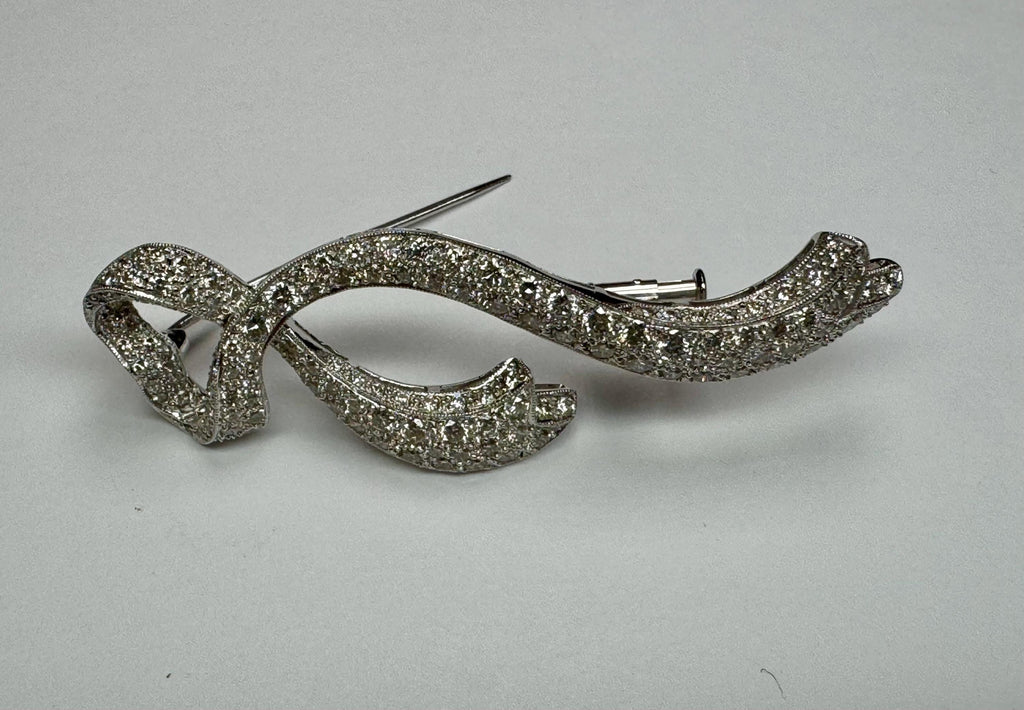 18K White Gold Diamond Brooch: Heart-Ribbon Design ALOPA Luxury Pin