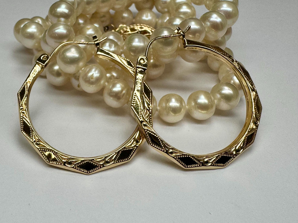 14K Yellow Gold Diamond Etched Hoop Earrings, 1" Hinged Set