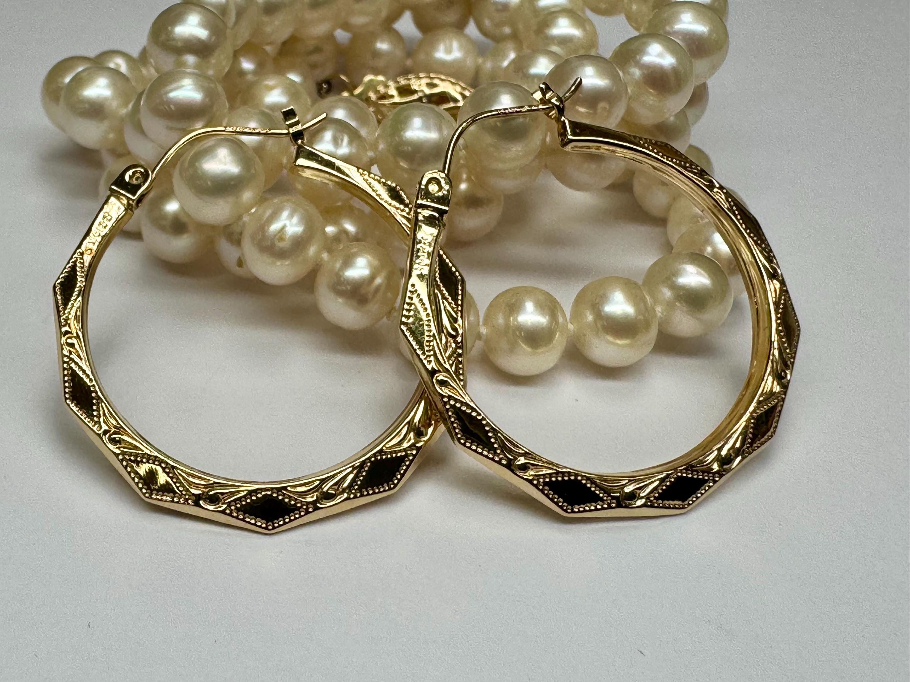 14K Yellow Gold Diamond Etched Hoop Earrings, 1" Hinged Set