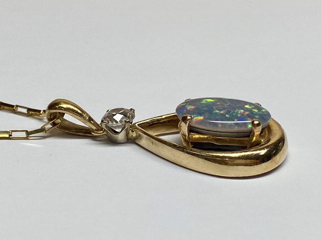 14K Yellow Gold Black Fire Opal & Diamond Teardrop Pendant