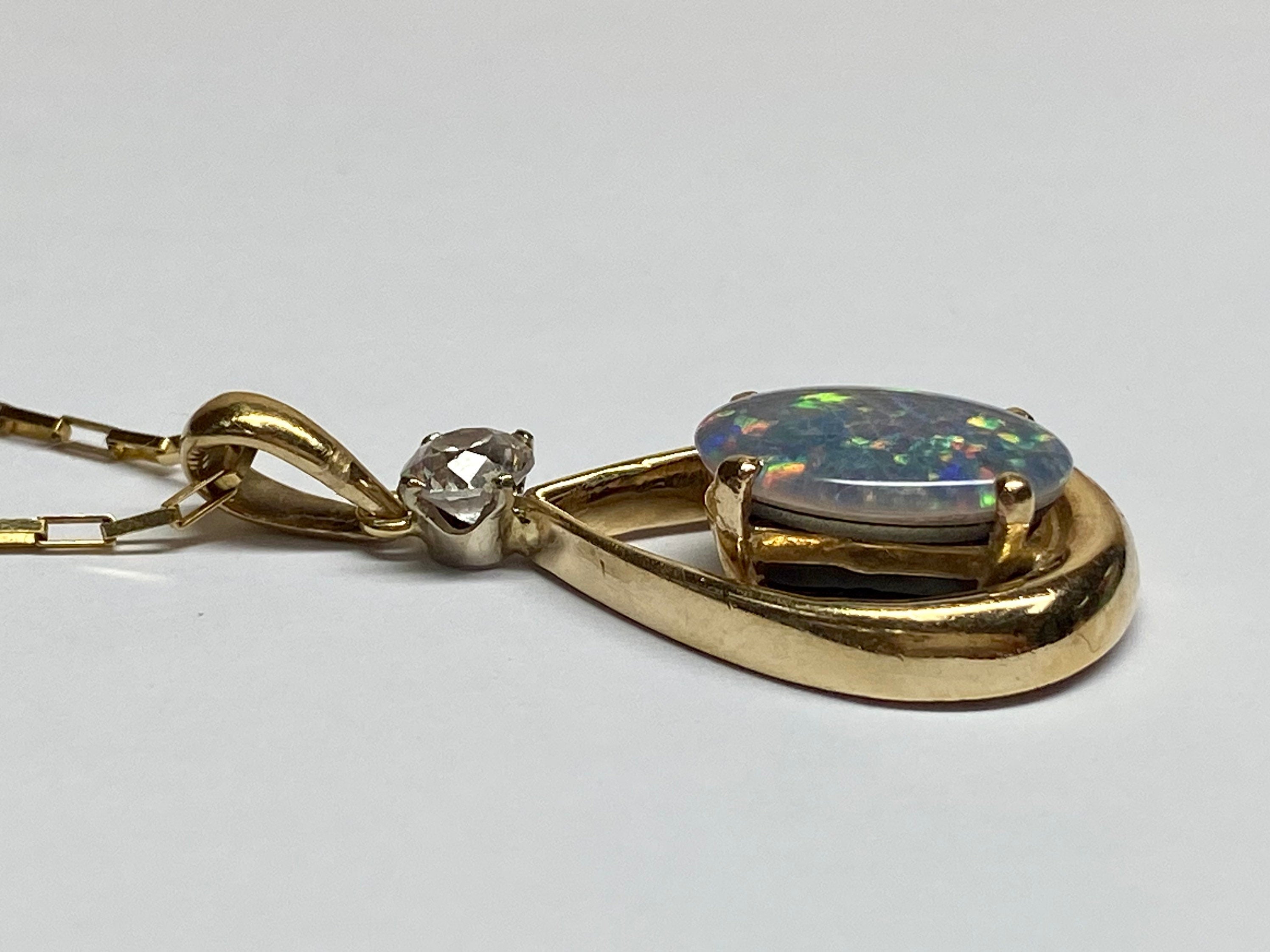 14K Yellow Gold Black Fire Opal & Diamond Teardrop Pendant