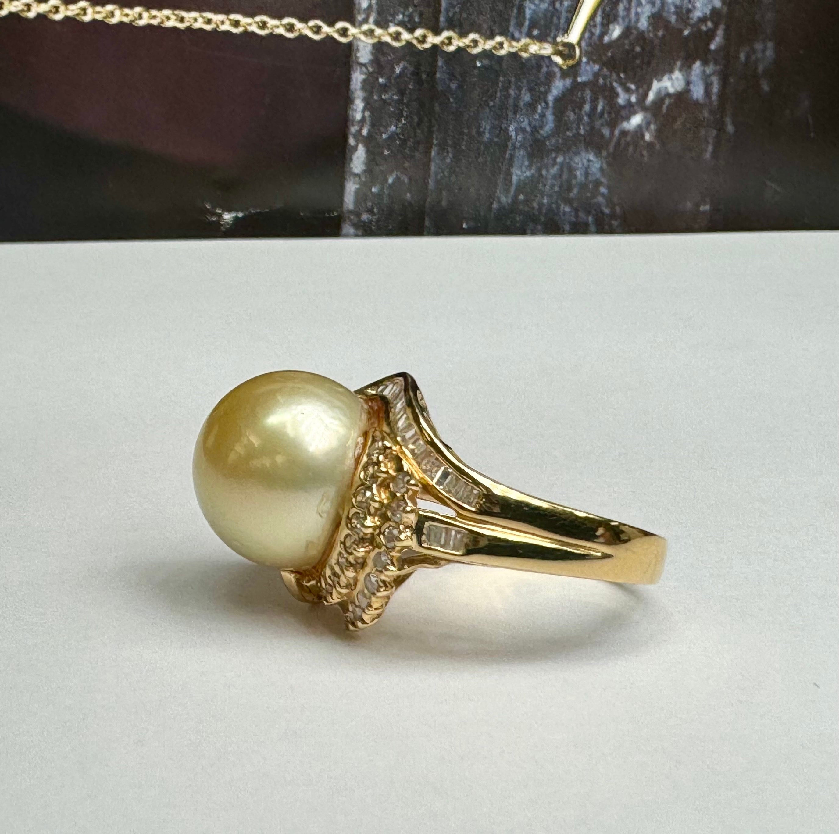 14K Yellow Gold Pearl Diamond Ring: Women's Cocktail Statement Ring