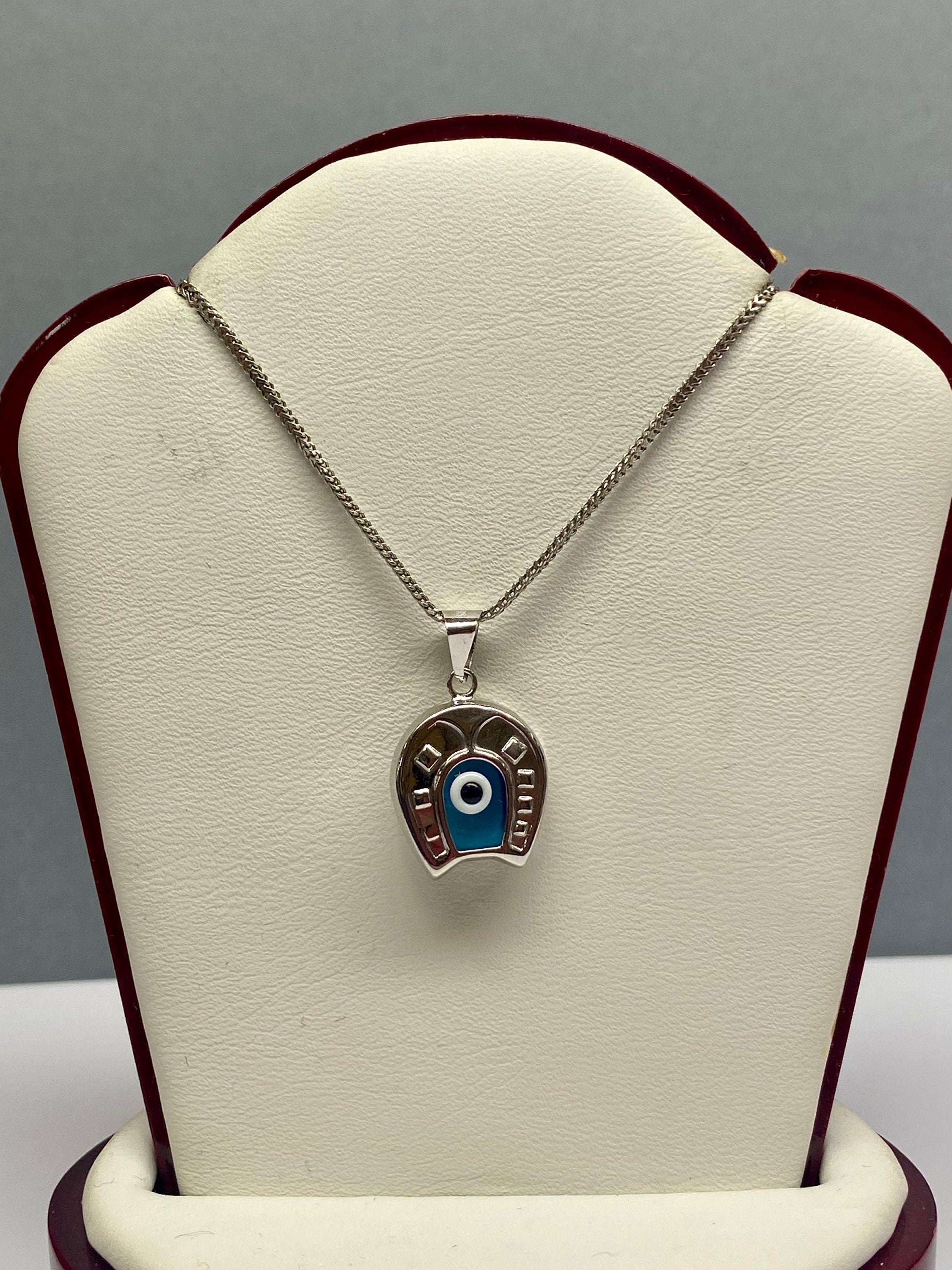 14K White Gold Horseshoe Evil Eye Pendant Charm (20mm X 12mm)