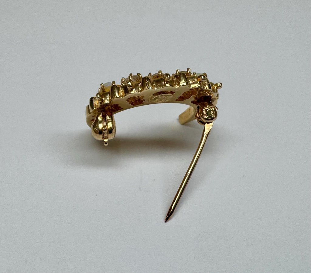 14K Gold Diamond Opal Crescent Moon Brooch – Victorian Celestial Pin