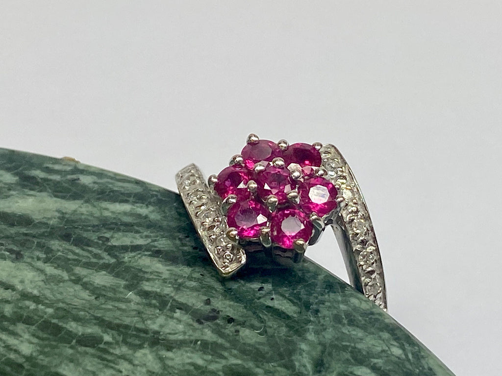 18K White Gold Burmese Ruby Diamond Floral Ring - Size 6 3/4
