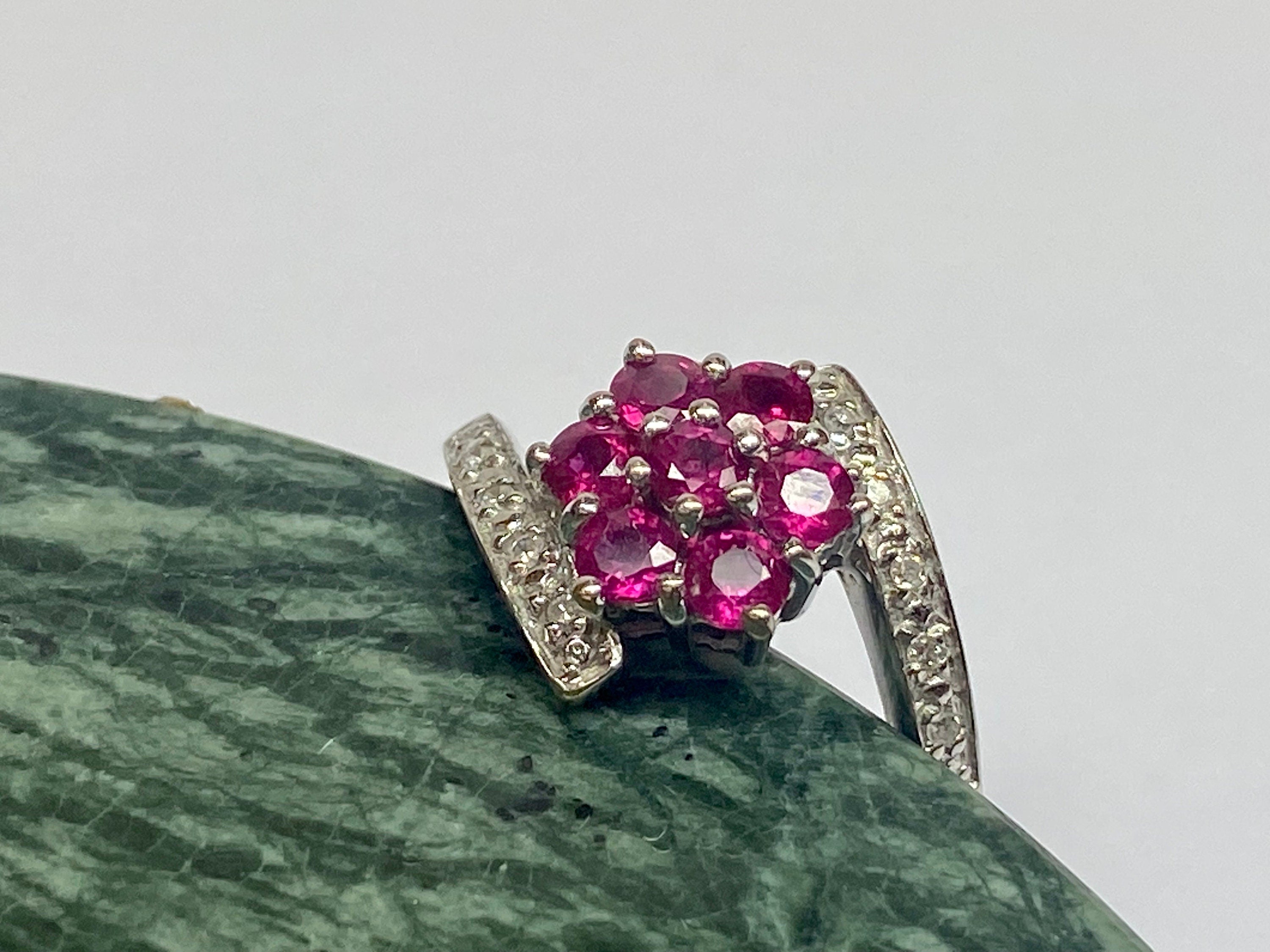 18K White Gold Burmese Ruby Diamond Floral Ring - Size 6 3/4