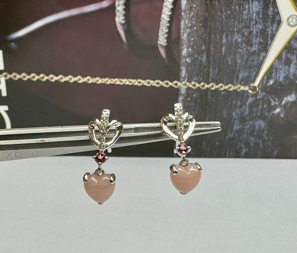 18K White Gold Heart Earrings: Pink Jadeite & Diamond Drops