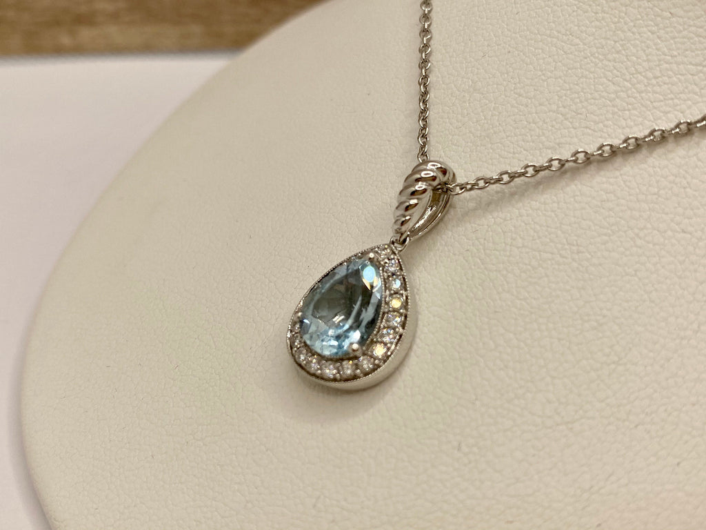 14K White Gold Necklace: Diamond & Pear Blue Topaz Pendant
