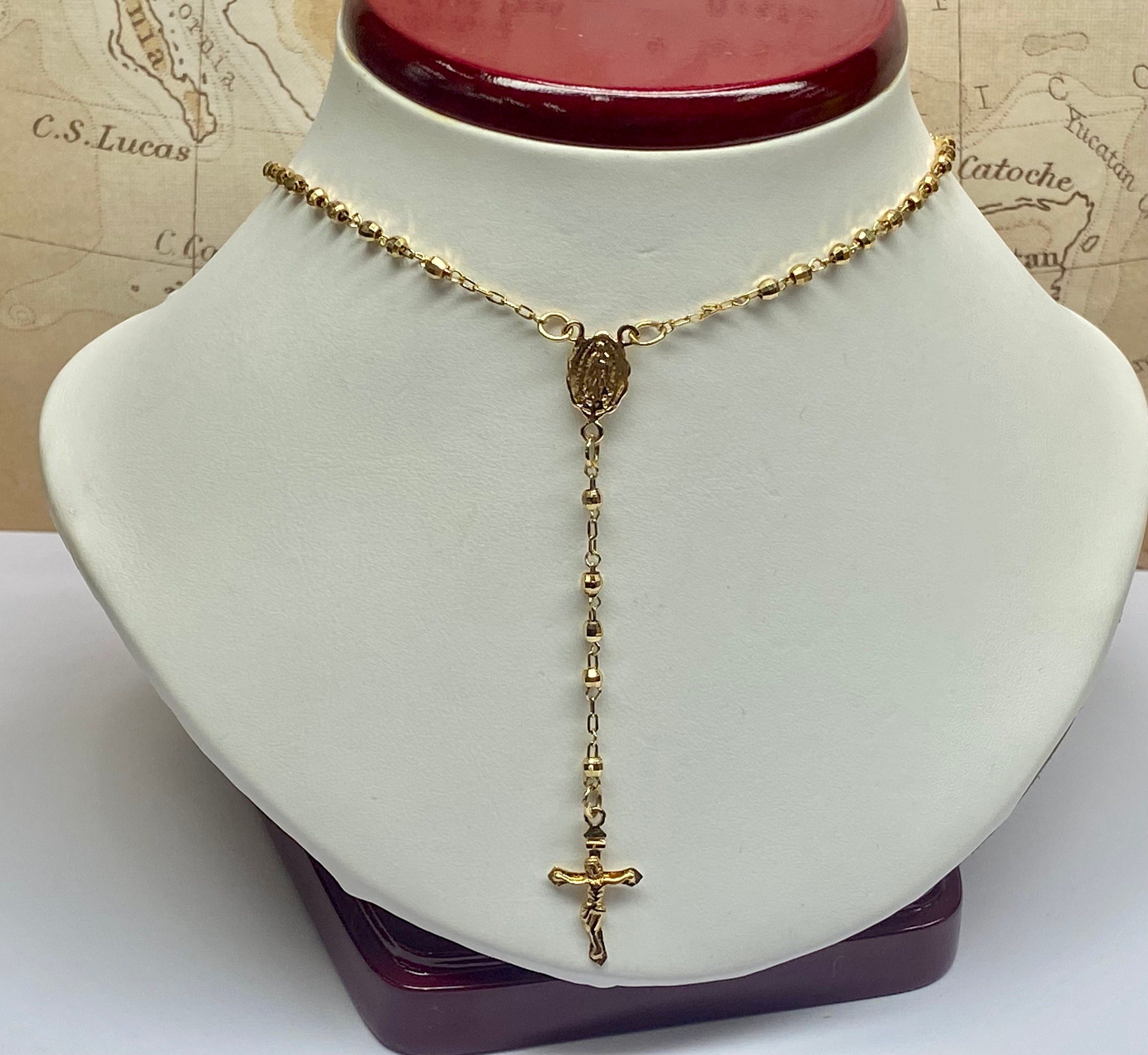 14k Yellow Gold Rosary Necklace - 22 inch Women's Cross