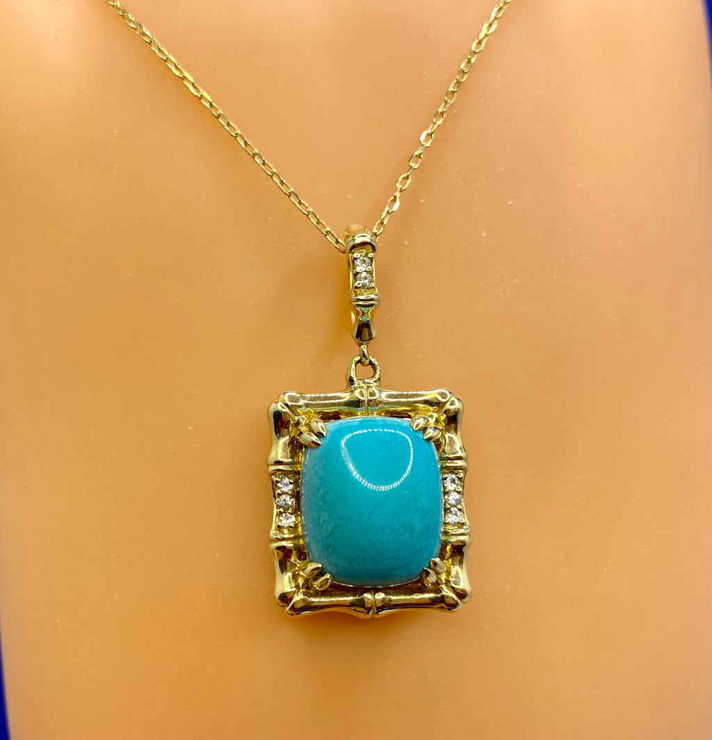 14K Yellow Gold Turquoise Pendant Necklace with Diamond Accents