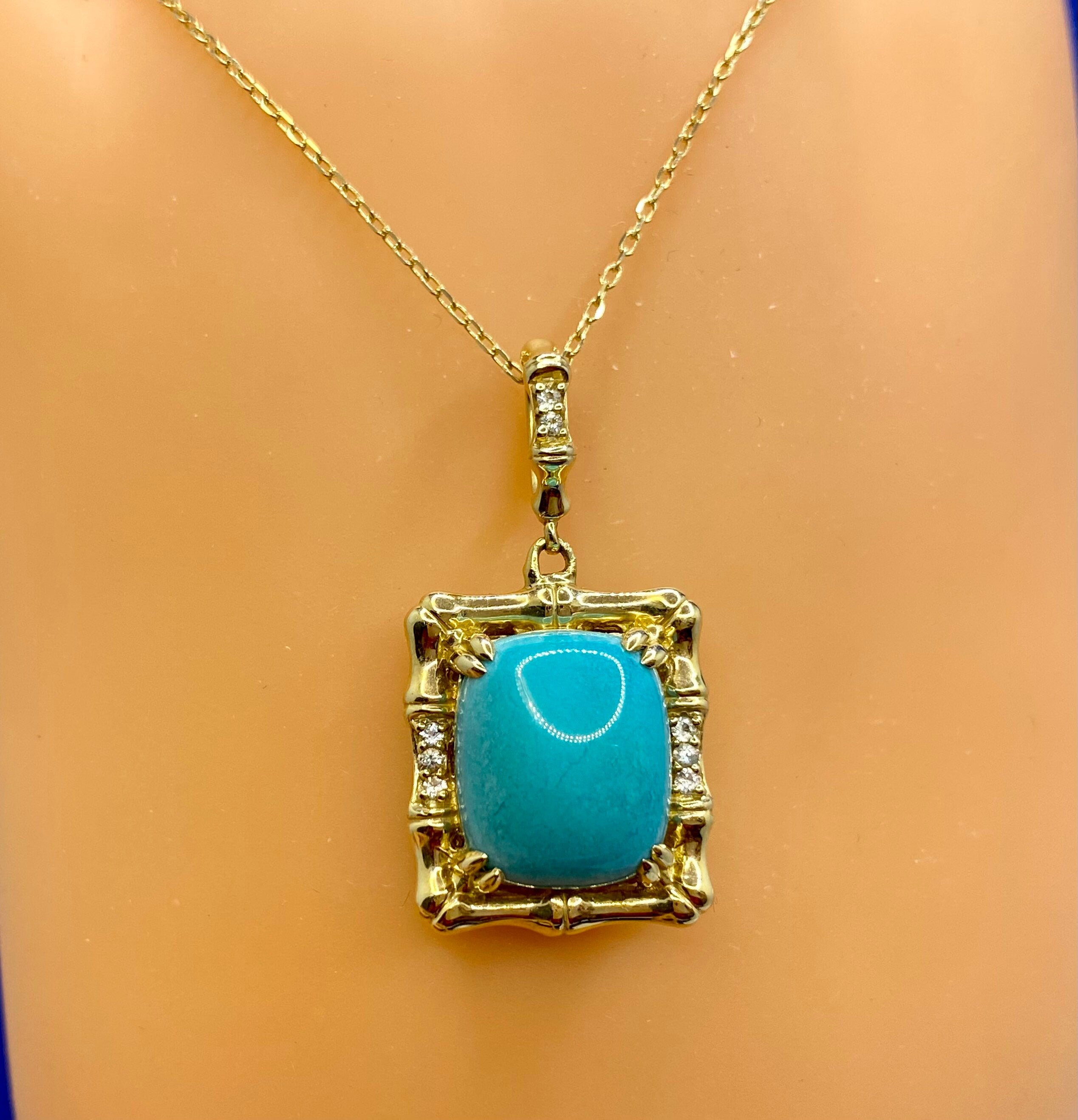 14K Yellow Gold Turquoise Pendant Necklace with Diamond Accents