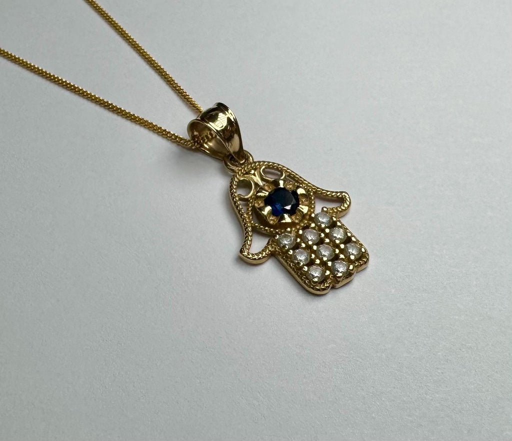 14K Yellow Gold Hamsa Hand Pendant with Blue & White CZ
