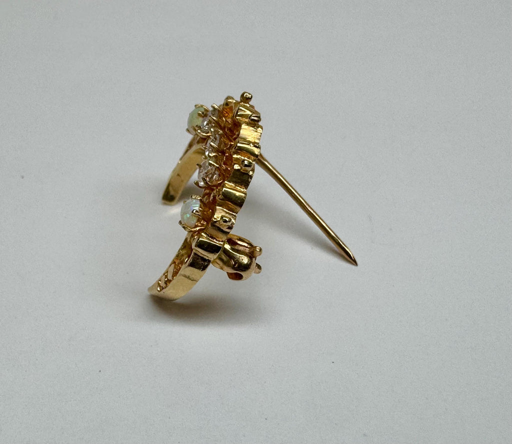 14K Gold Diamond Opal Crescent Moon Brooch – Victorian Celestial Pin