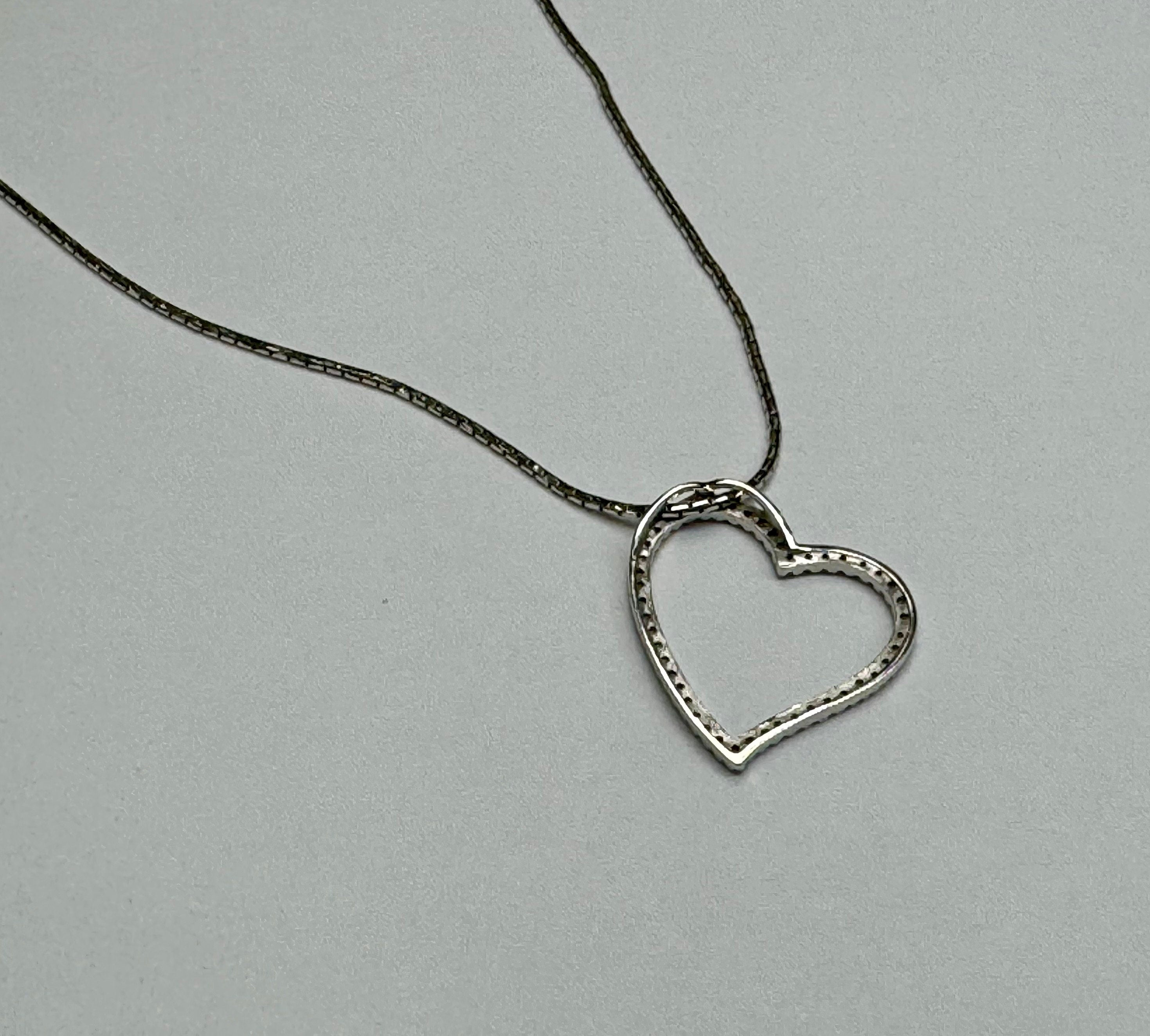 14K White Gold Diamond Open Heart Pendant Necklace - 18 Inch
