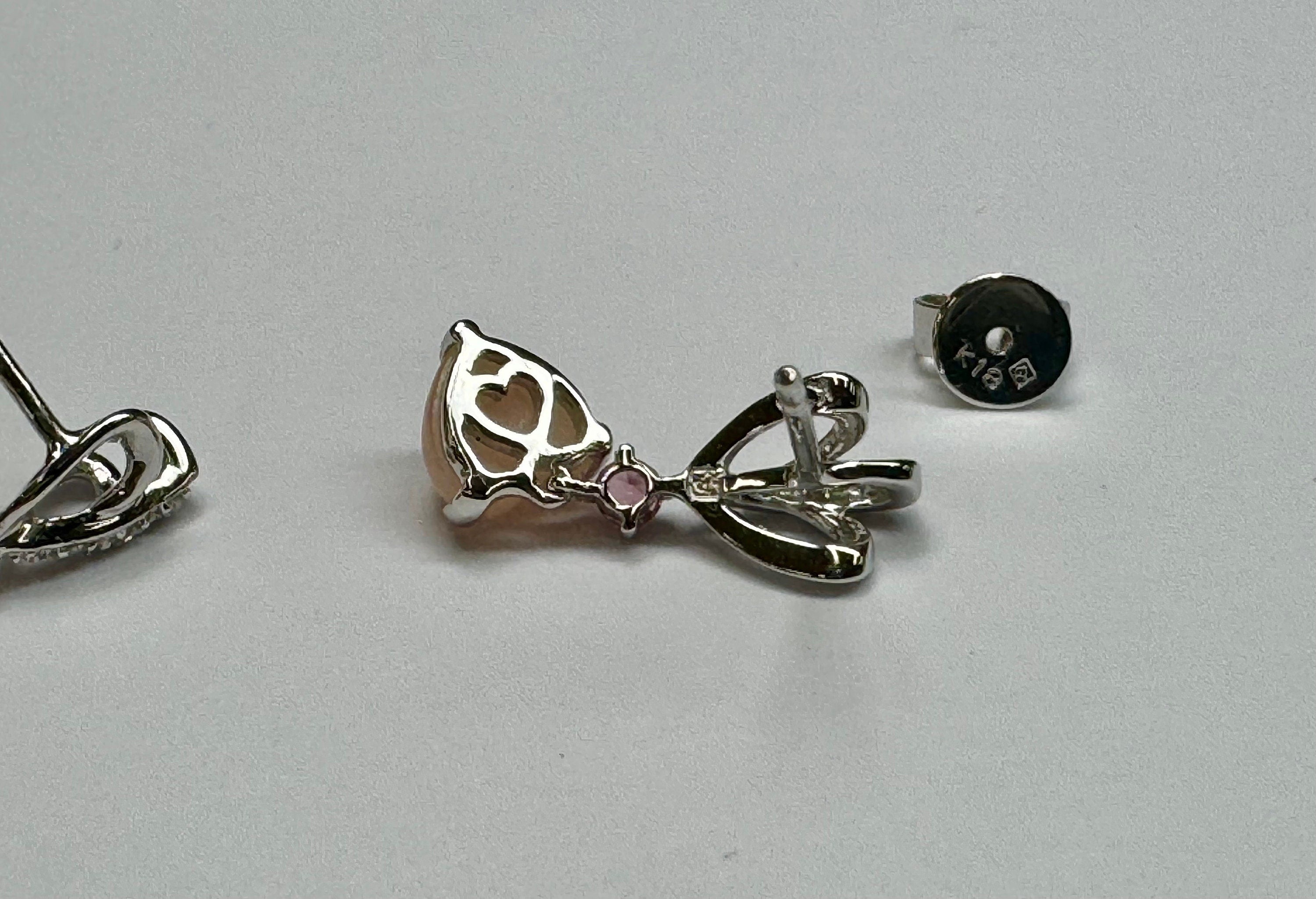 18K White Gold Heart Earrings: Pink Jadeite & Diamond Drops