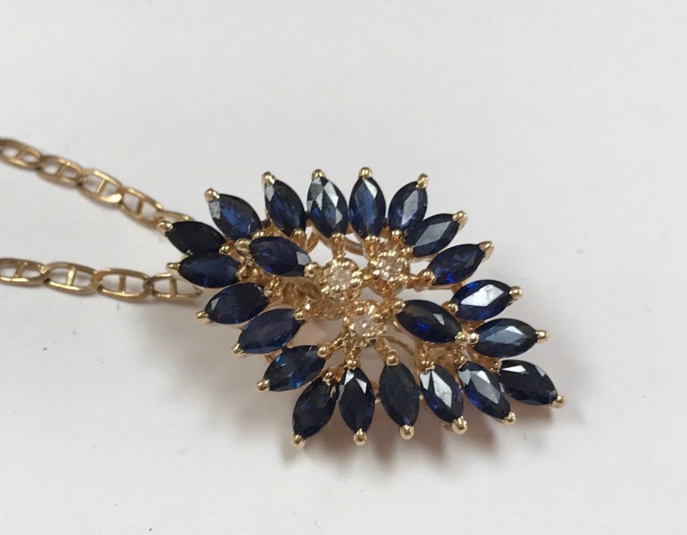 14K Yellow Gold And Blue Sapphire With Diamonds Necklace And Earring Set!!!