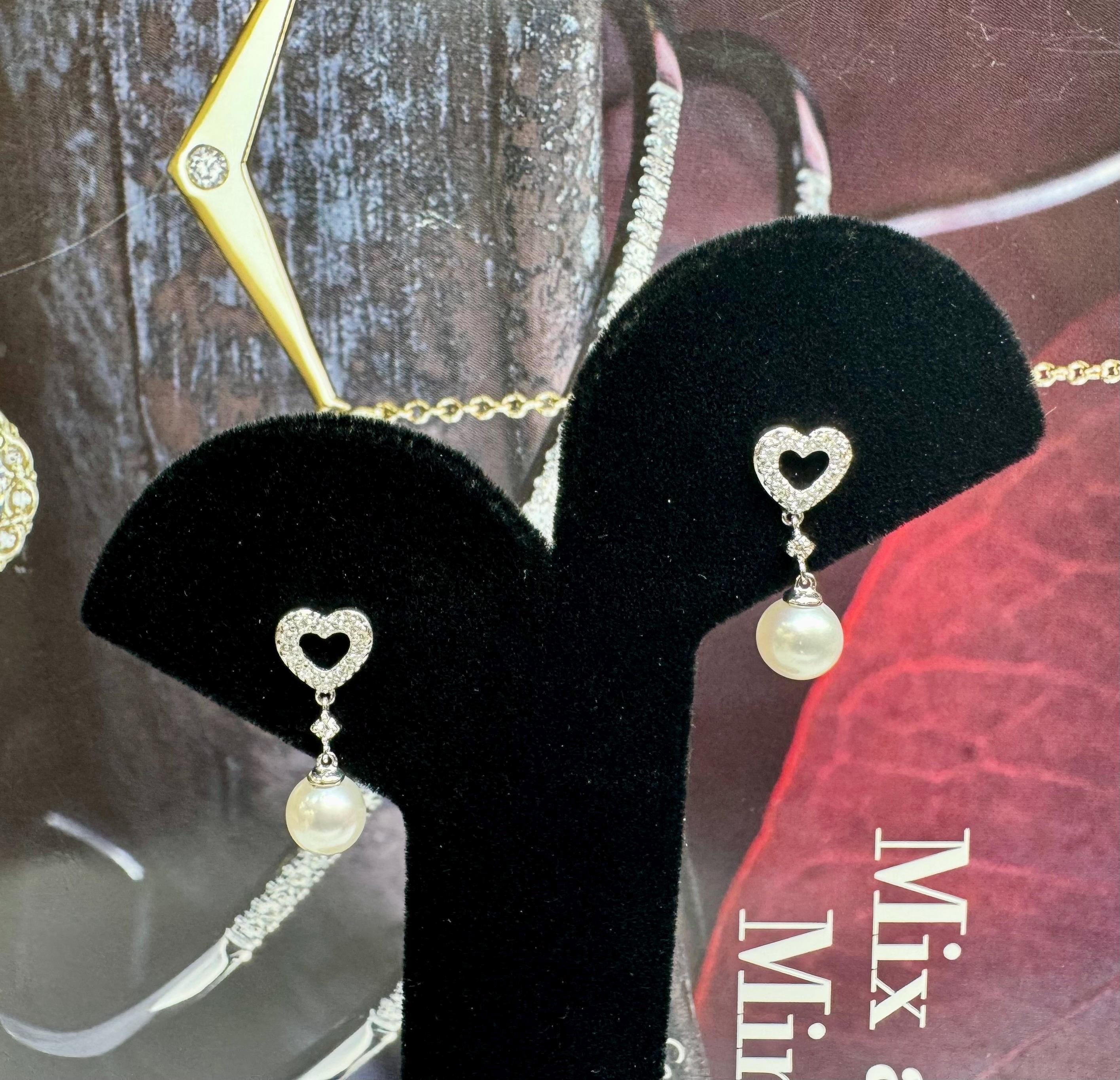 14K White Gold Heart Diamond & Pearl Drop Earrings