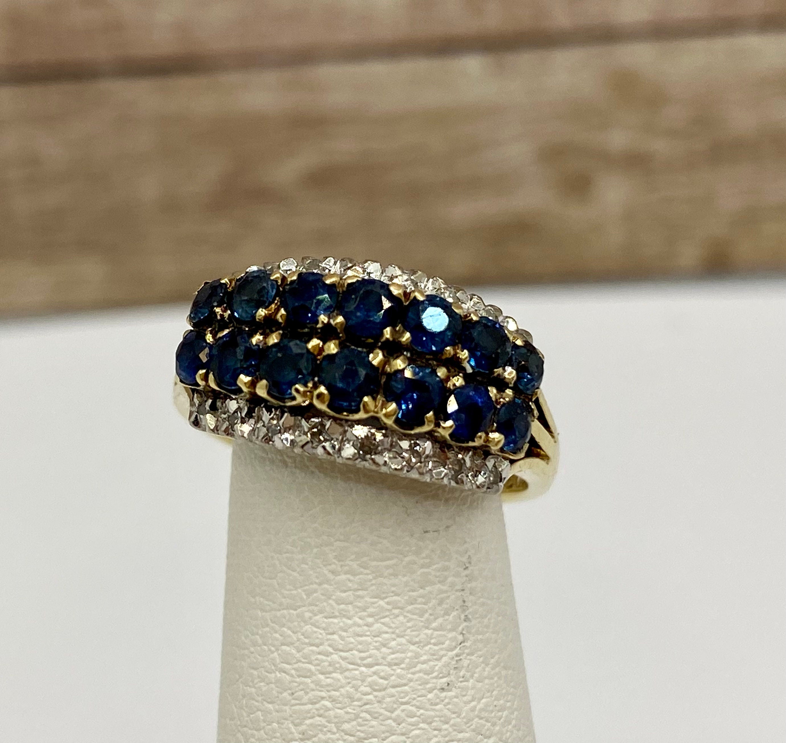 14K Yellow Gold Ceylon Sapphire Ring with Diamonds, US Size 6