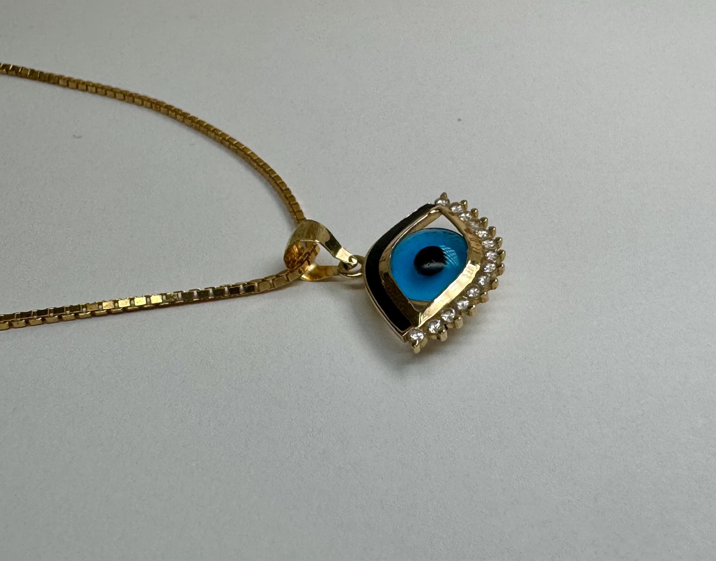 14K yellow Gold Evil Eye Pendant/Charm With Small Round White Cz!!