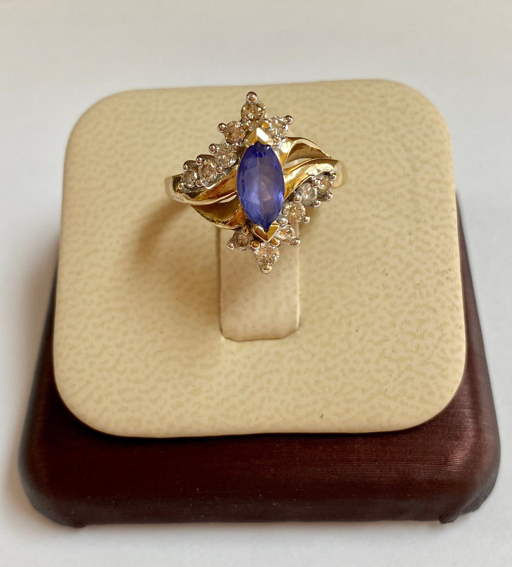 14K Yellow Gold Marquise Sapphire Diamond Ring - Size 4 3/4