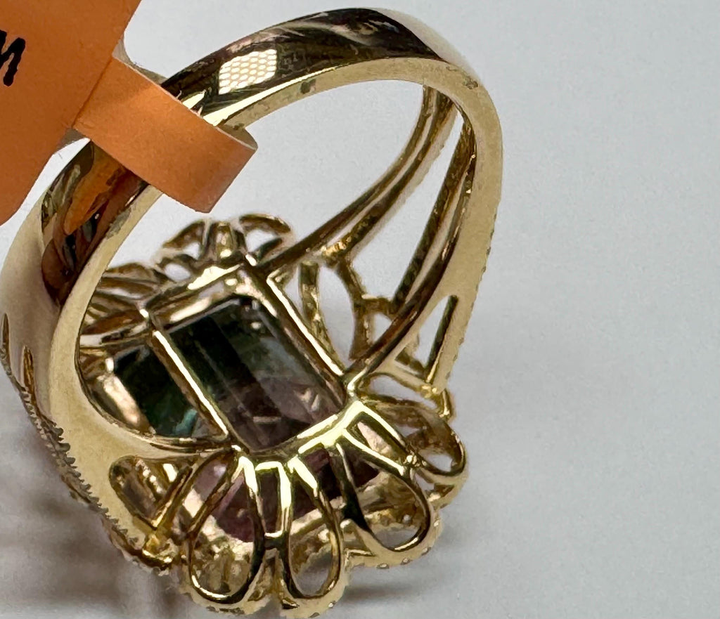 14K Yellow Gold Watermelon Tourmaline Diamond Ring, Size 7 3/4
