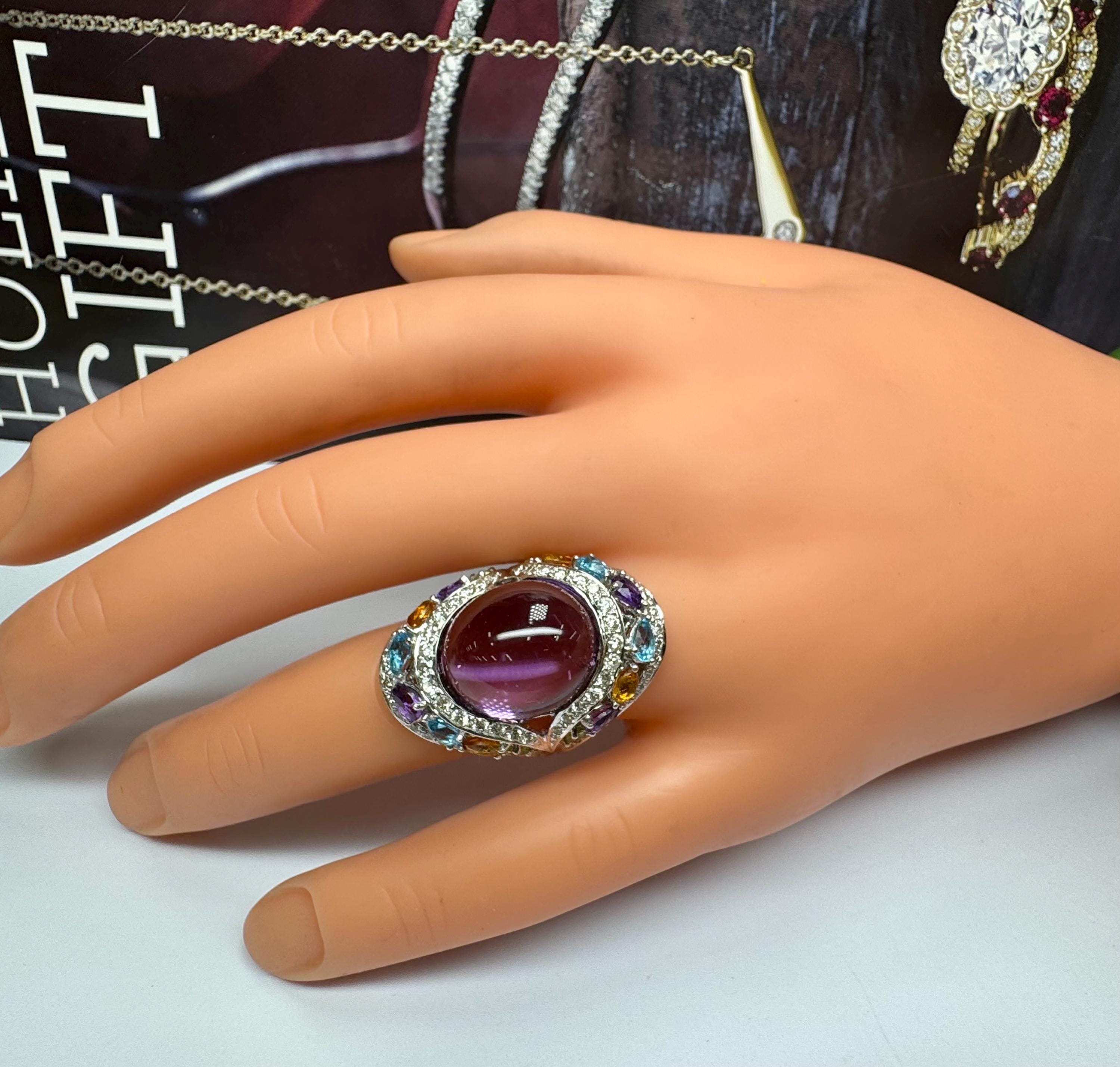 18K White Gold Multi-Gem Amethyst Diamond Cocktail Ring