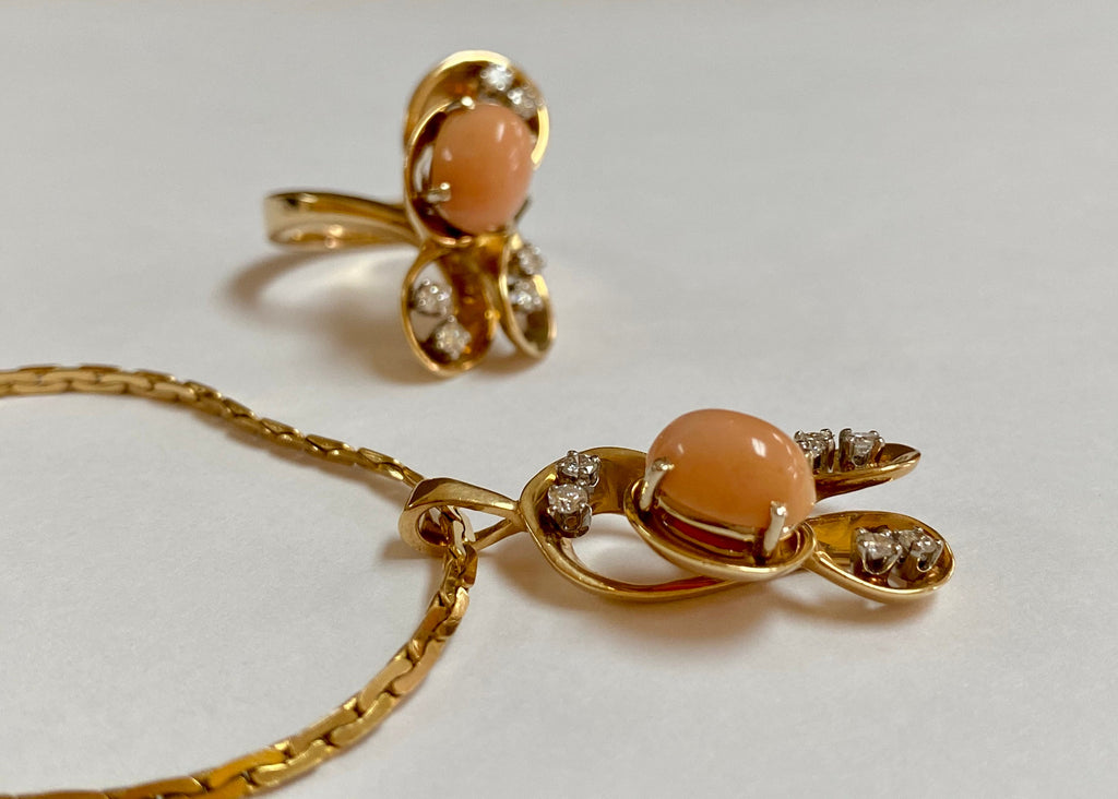 14K Yellow Gold Coral Diamond Necklace Ring Set - Italy 585