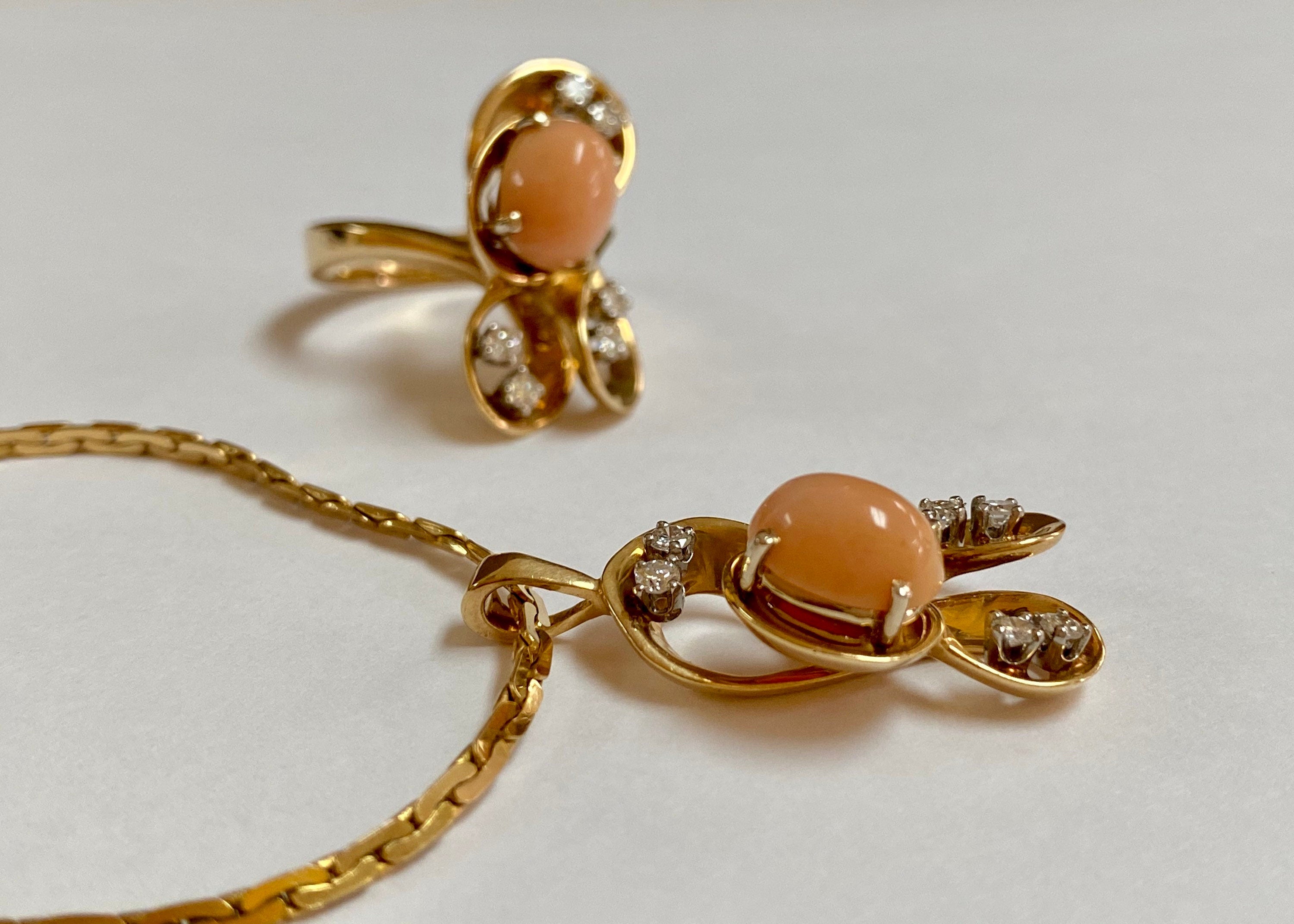 14K Yellow Gold Coral Diamond Necklace Ring Set - Italy 585