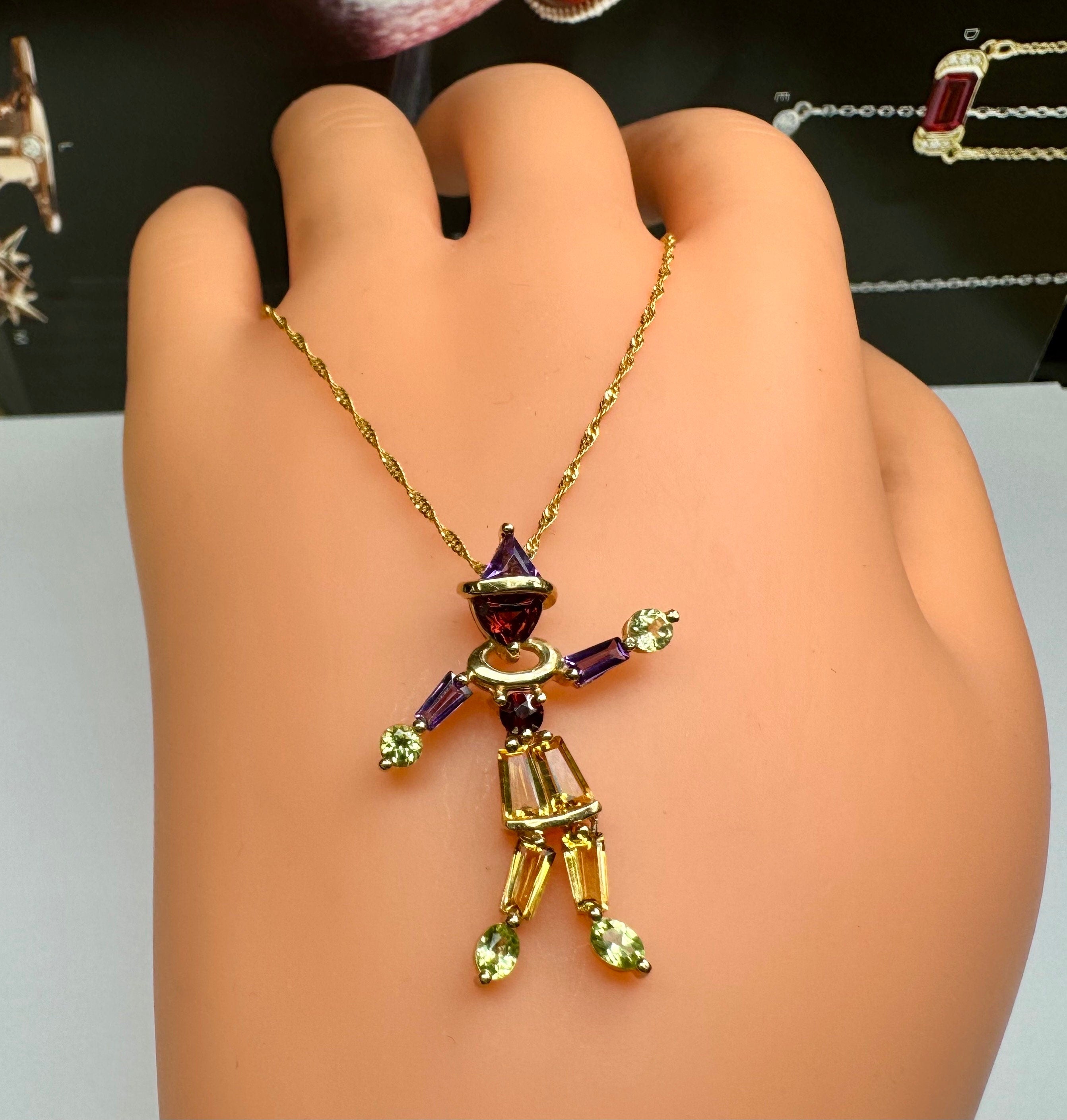 14K Yellow Gold Clown Pendant Necklace: Multi-Color Stone, 18" Italy Chain