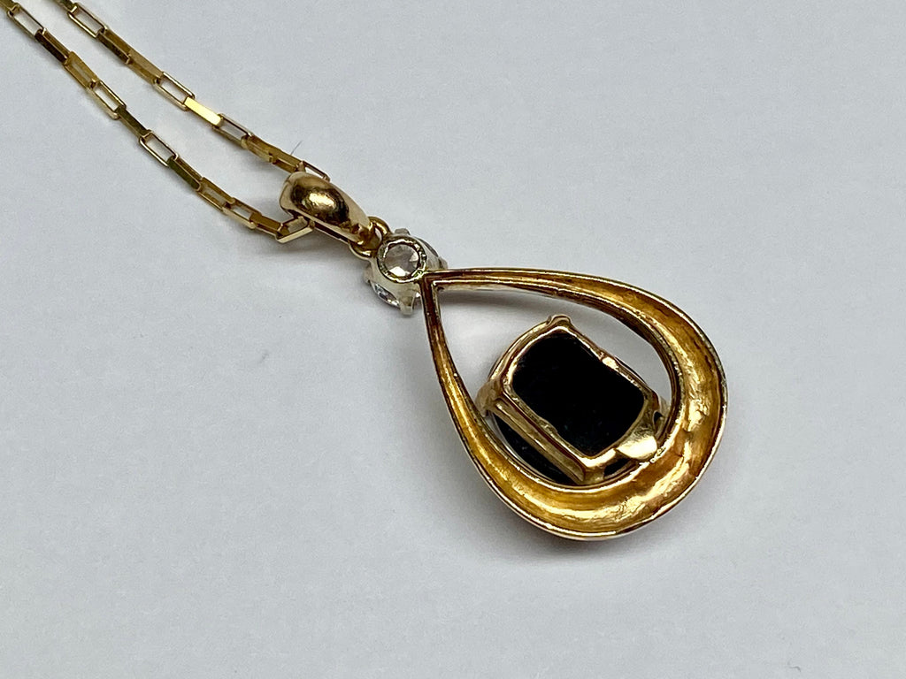 14K Yellow Gold Black Fire Opal & Diamond Teardrop Pendant