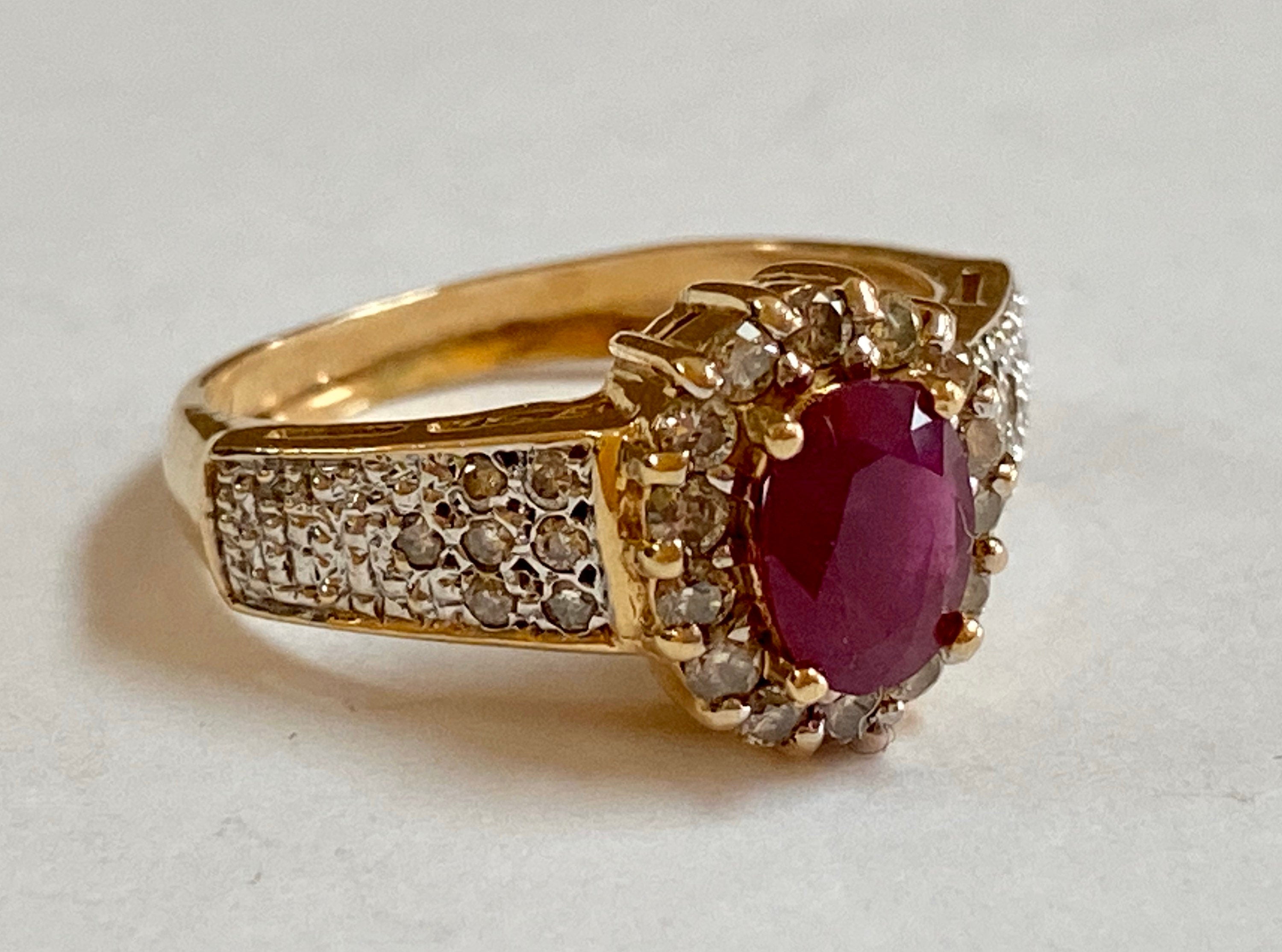 14K Yellow Gold Ruby and Diamond Ring, Size 7