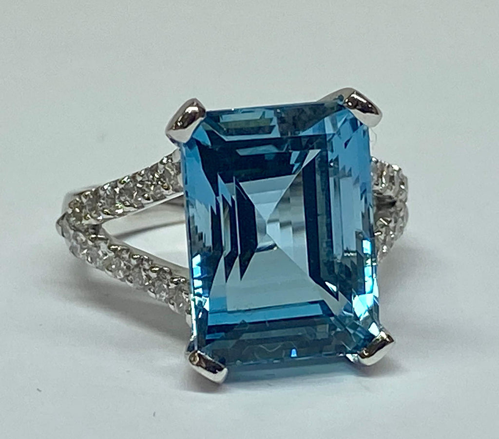 18K White Gold Aquamarine Ring: Emerald Cut Diamond Statement Ring, Size 5 1/2