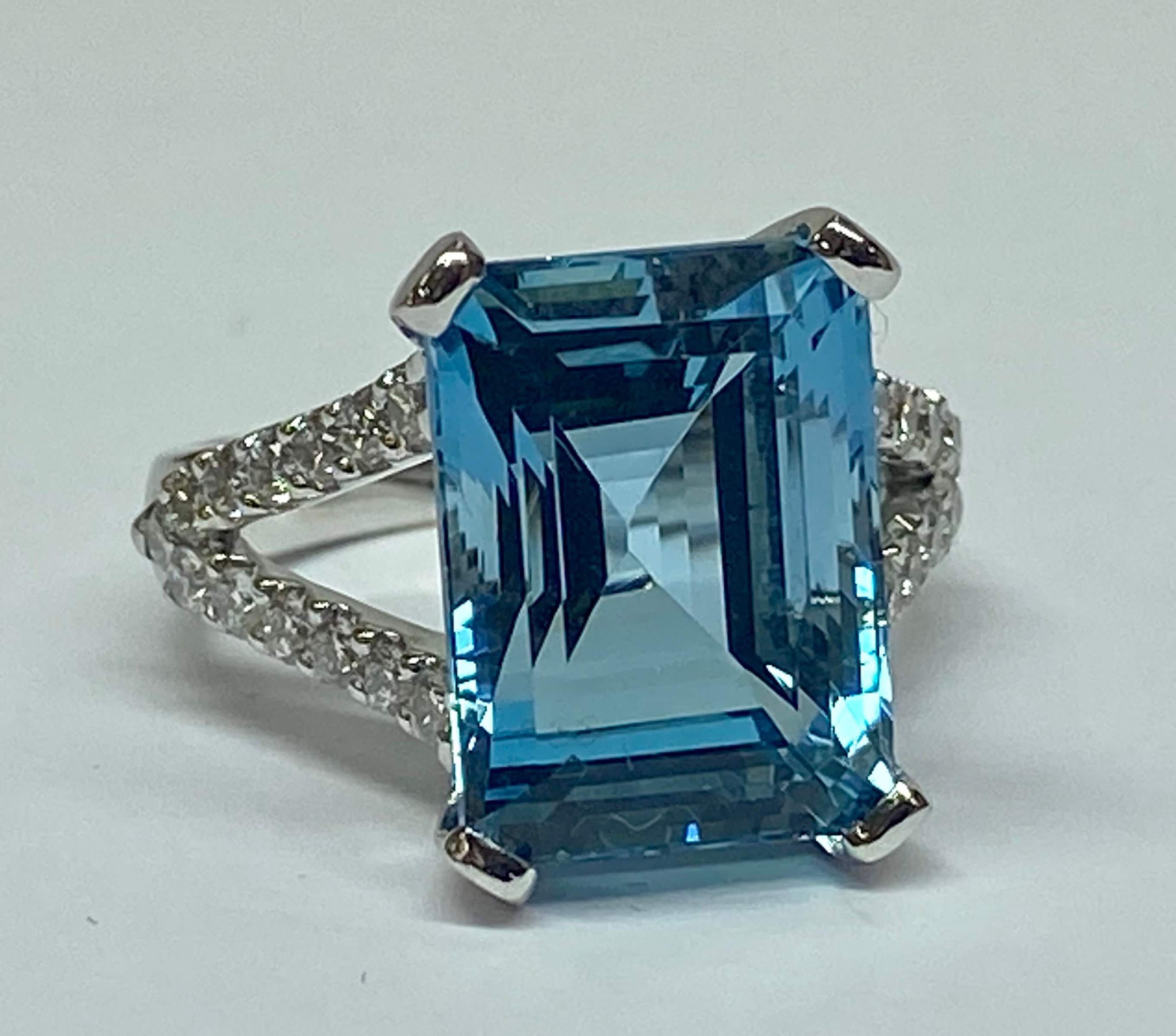18K White Gold Aquamarine Ring: Emerald Cut Diamond Statement Ring, Size 5 1/2