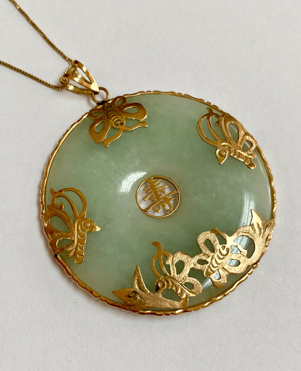 14K Yellow Solid Gold Butterfly Good Luck Green Jadeite Pendant!!!