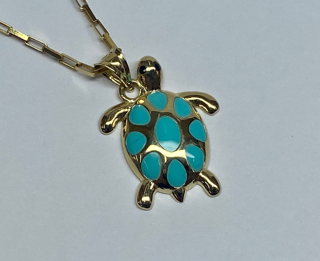 14K 585 Yellow Gold & Turquoise Color Enamel  Turtle Pendant Charm  !!!