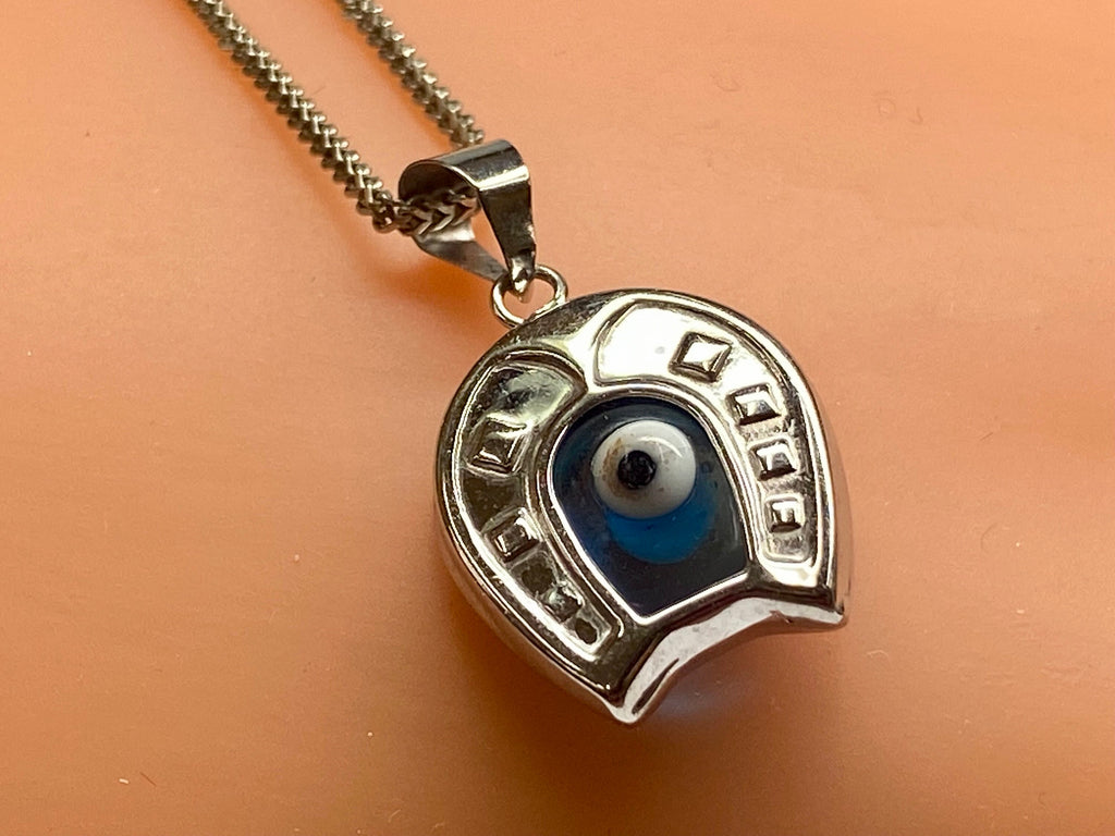 14K White Gold Horseshoe Evil Eye Pendant Charm (20mm X 12mm)