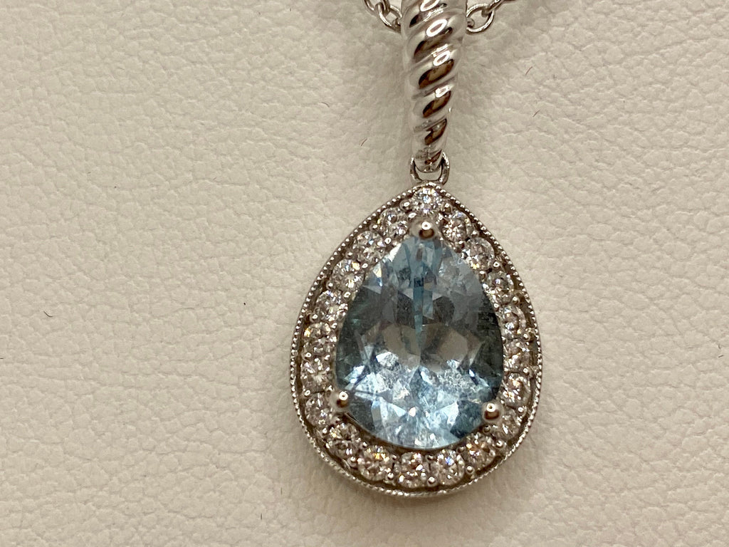 14K White Gold Necklace: Diamond & Pear Blue Topaz Pendant