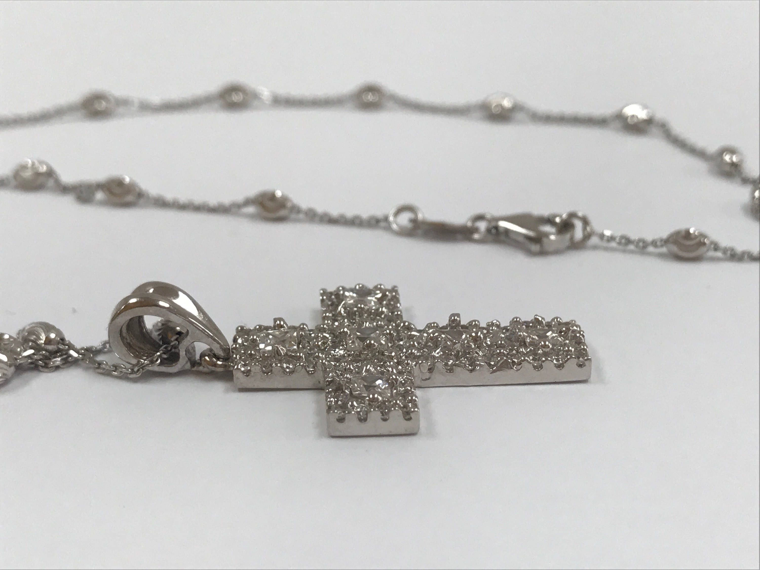 14K White Gold Cross Necklace with Cubic Zirconia