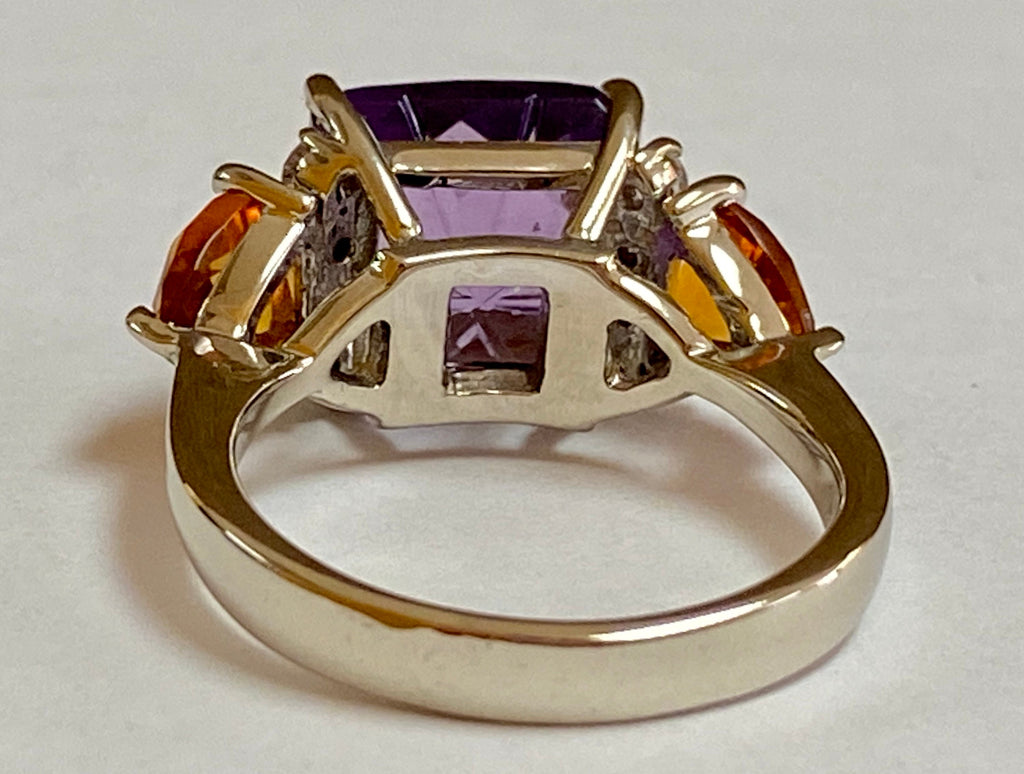 14K White Gold Amethyst Citrine Diamond Ring - Size 7